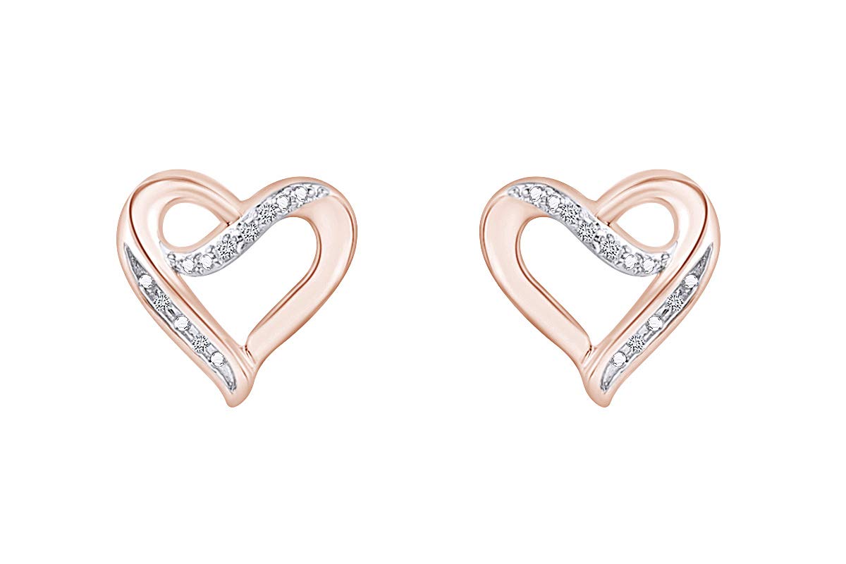 14K Gold Over Sterling Silver Round White Natural Diamond Heart Stud Earrings (I-J Color, I2-I3 Clarity, 0.07 Cttw) - Perfect for Valentine's Day Gifts, Anniversary Presents & Romantic Occasions