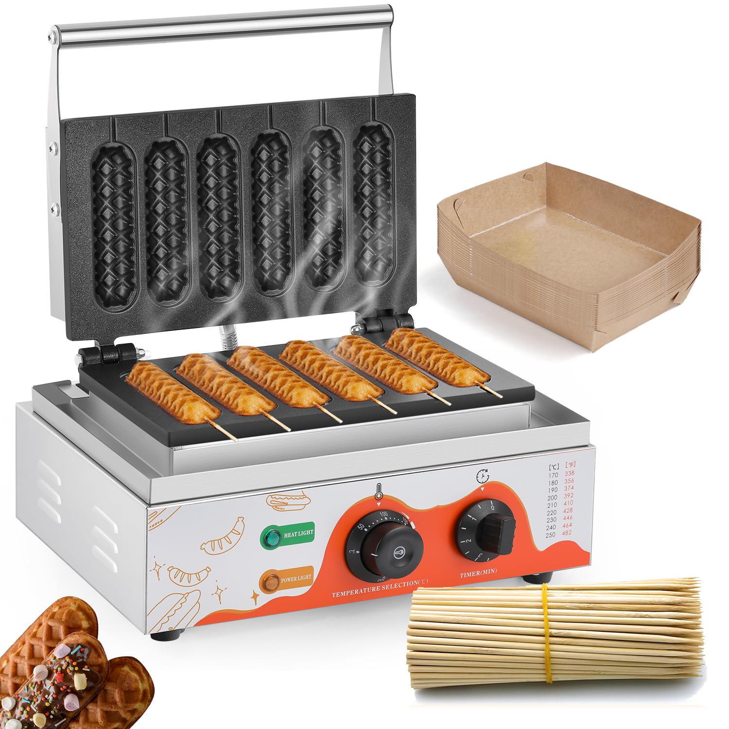 Commercial Corn Dog Waffle Maker Machine - 6 PCS 1550W Stainless Steel Waffles on a Stick Maker with 50-300℃ Temperature Control & 5-Min Timer - 110V White - Perfect for Fairs, Carnivals, Food Trucks & Home Breakfast