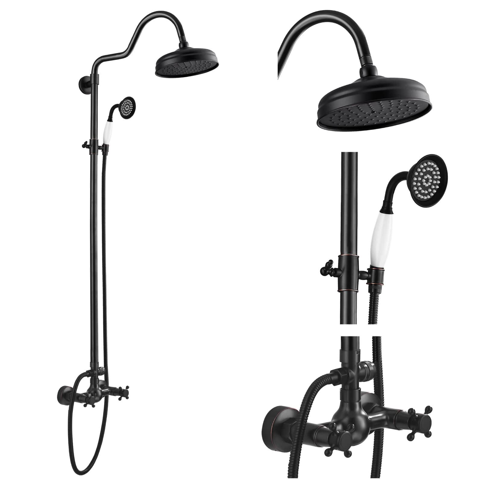 Gotonovo Luxury 8-Inch Wall Mount Exposed Shower System - Oil Rubbed Bronze Rainfall Shower Head with Handheld Spray & Cross Double Handle Faucet, Adjustable Arc Rod for Modern Bathroom Remodel | Perfect for Master Bath, Spa-Like Shower Experience