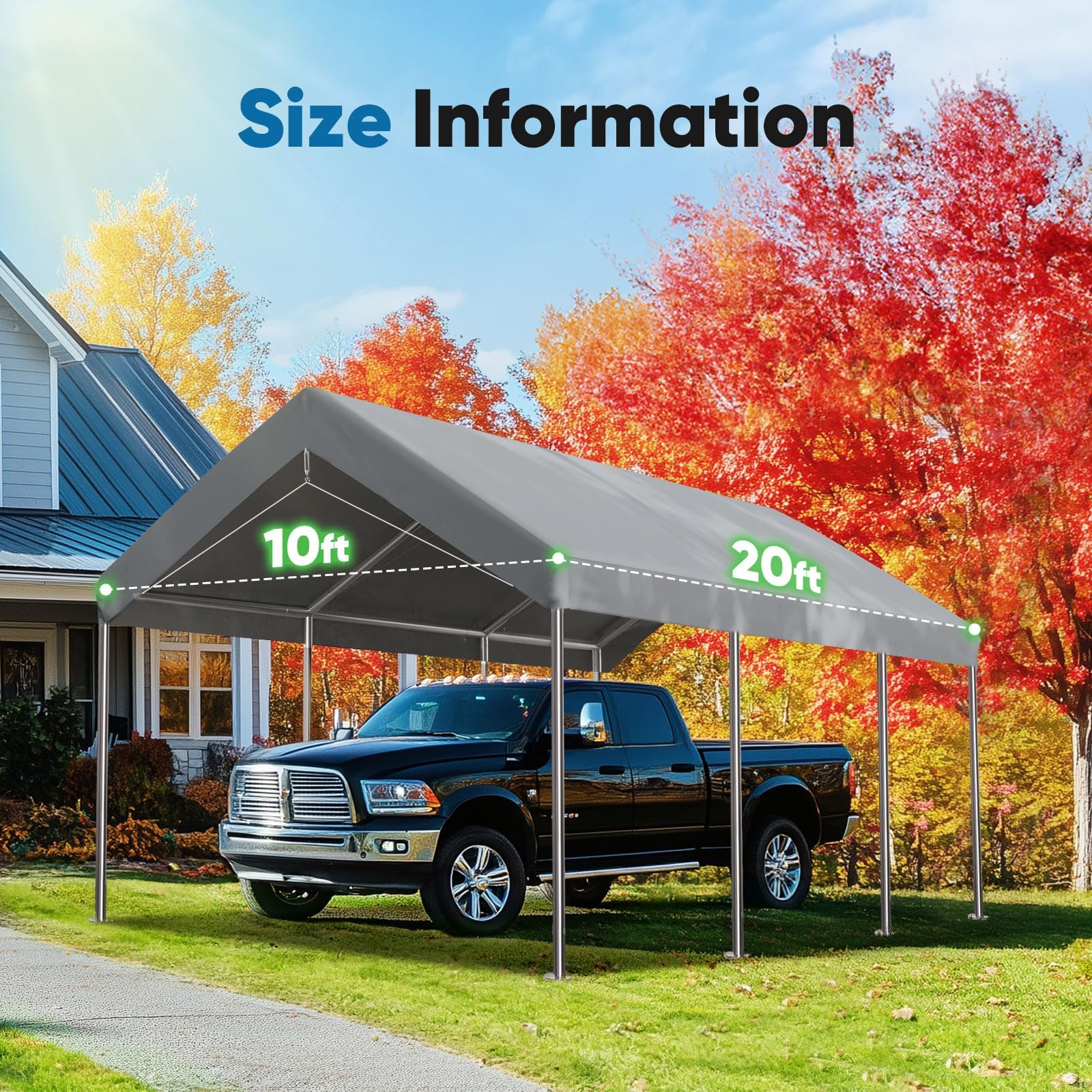 ADVANCE OUTDOOR 10x20 ft Replacement Top Cover Tarp for Carport Canopy with Ball Bungees - Gray Waterproof Roof Cover - Perfect for Outdoor Storage, Vehicle Shelter & Backyard Protection