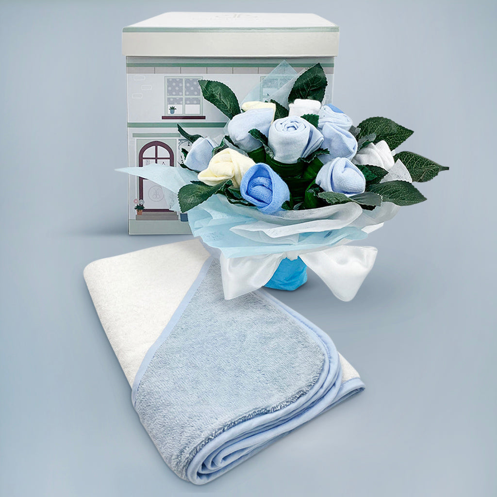 Soft Hooded Baby Towel Set - Welcome Baby Clothes & Posy Blue Cotton Newborn Gift - Perfect for Showers, Baptisms & First Photos