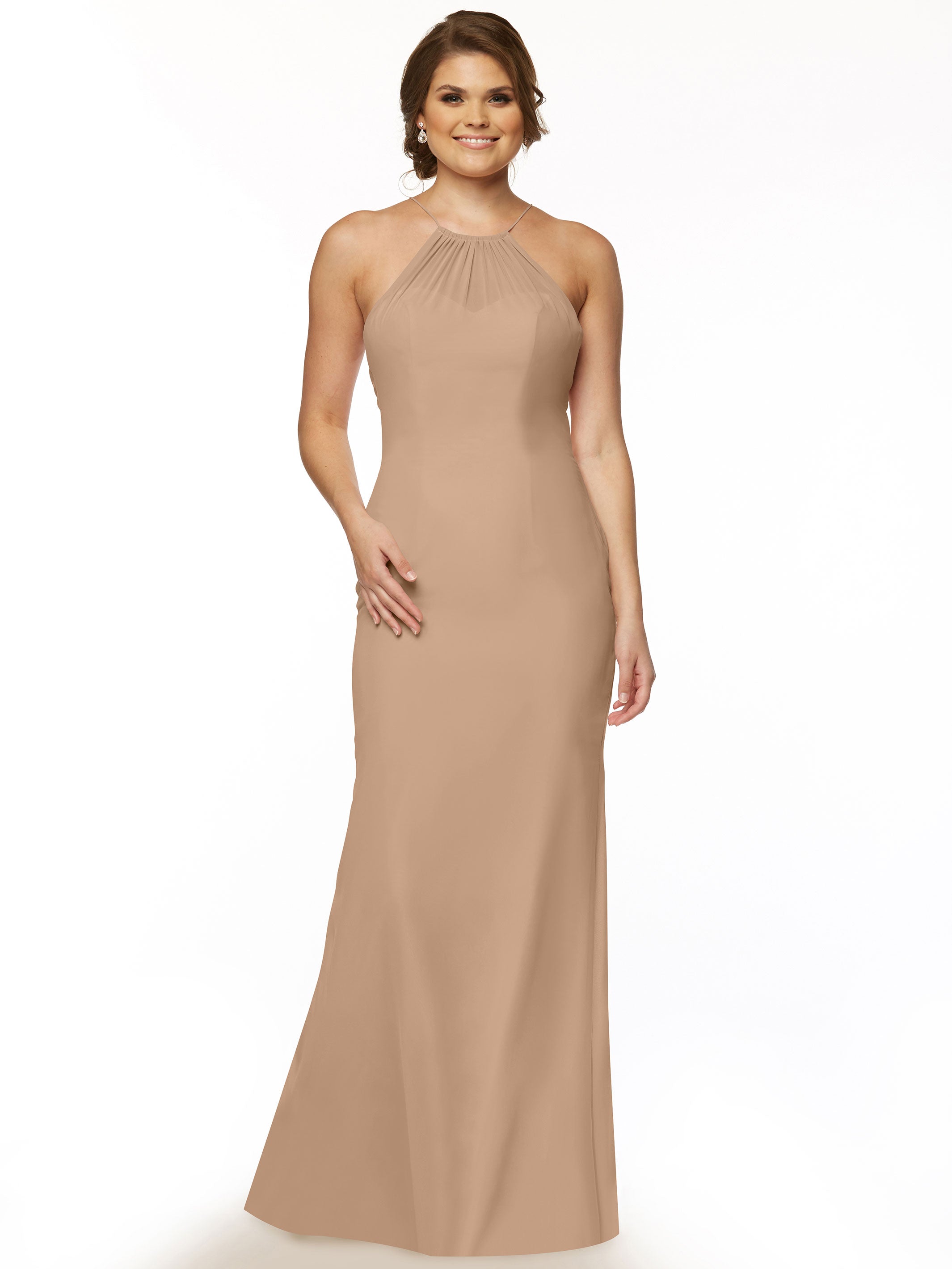 Elegant 80083 Fit and Flare Chiffon Bridesmaid Dress with Halter Neckline - Perfect for Weddings, Formal Events & Special Occasions