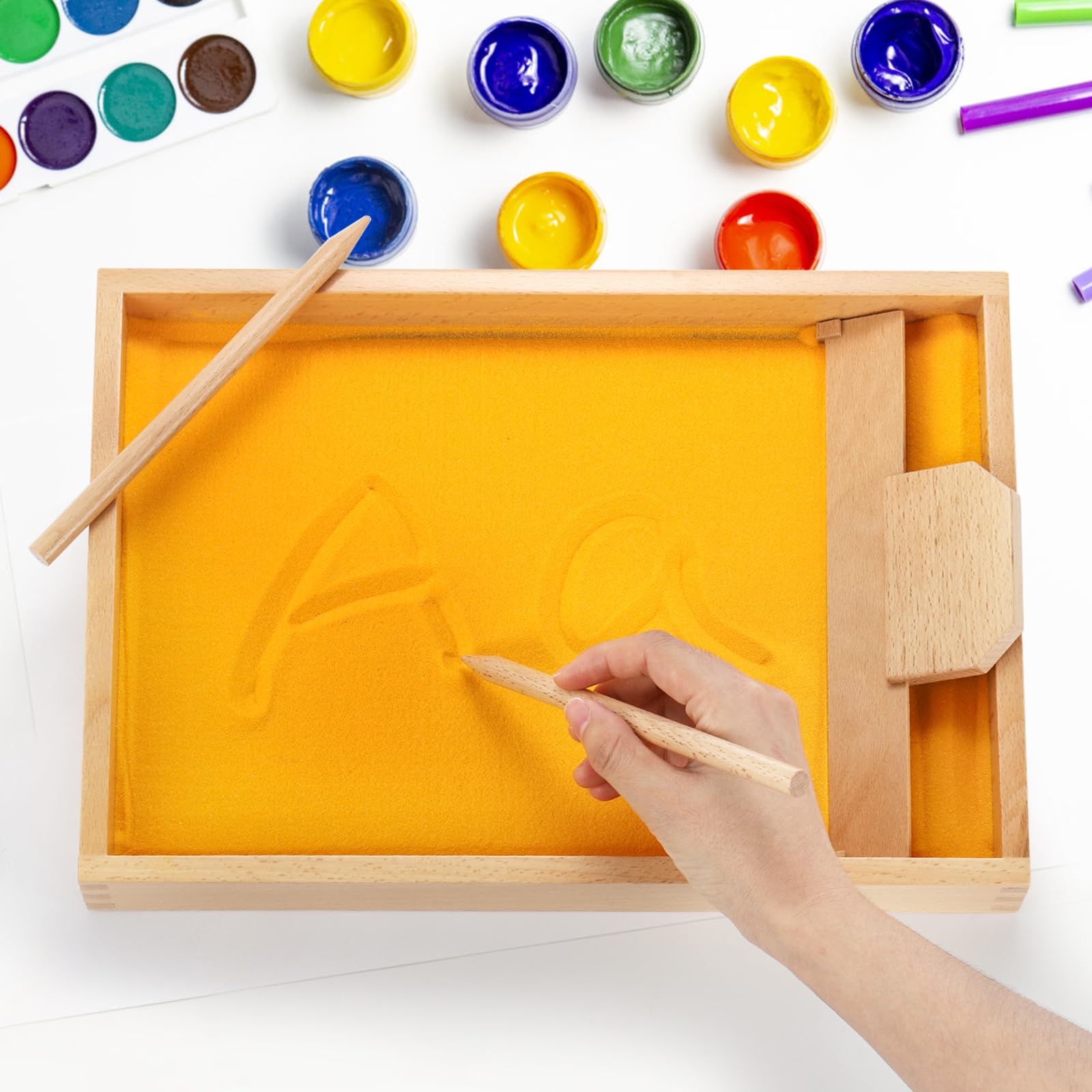 Montessori Sand Tray for Kids - Wooden Letter & Number Tracing Tray with Wooden Pen - Educational Writing Practice Toy for Preschool Learning - Perfect for Homeschooling & Classroom Letter Formation Activities