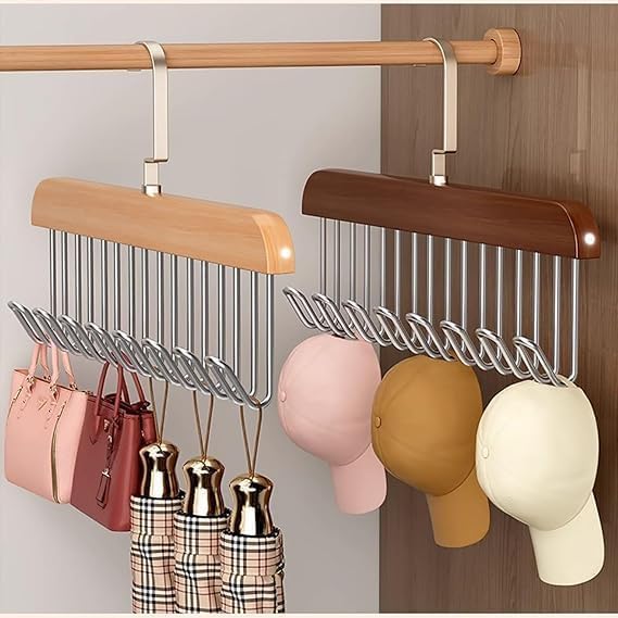 ROLYWARE Wooden Belt Hanger with 8 Hooks - Sturdy Non-Slip Rotating Belt Rack for Closet & Wardrobe Organization - Space Saving Display for Belts, Hats, Bra & Tank Tops (Natural Wood, 1) - Perfect for Bedroom, Closet & Dorm Storage Solutions