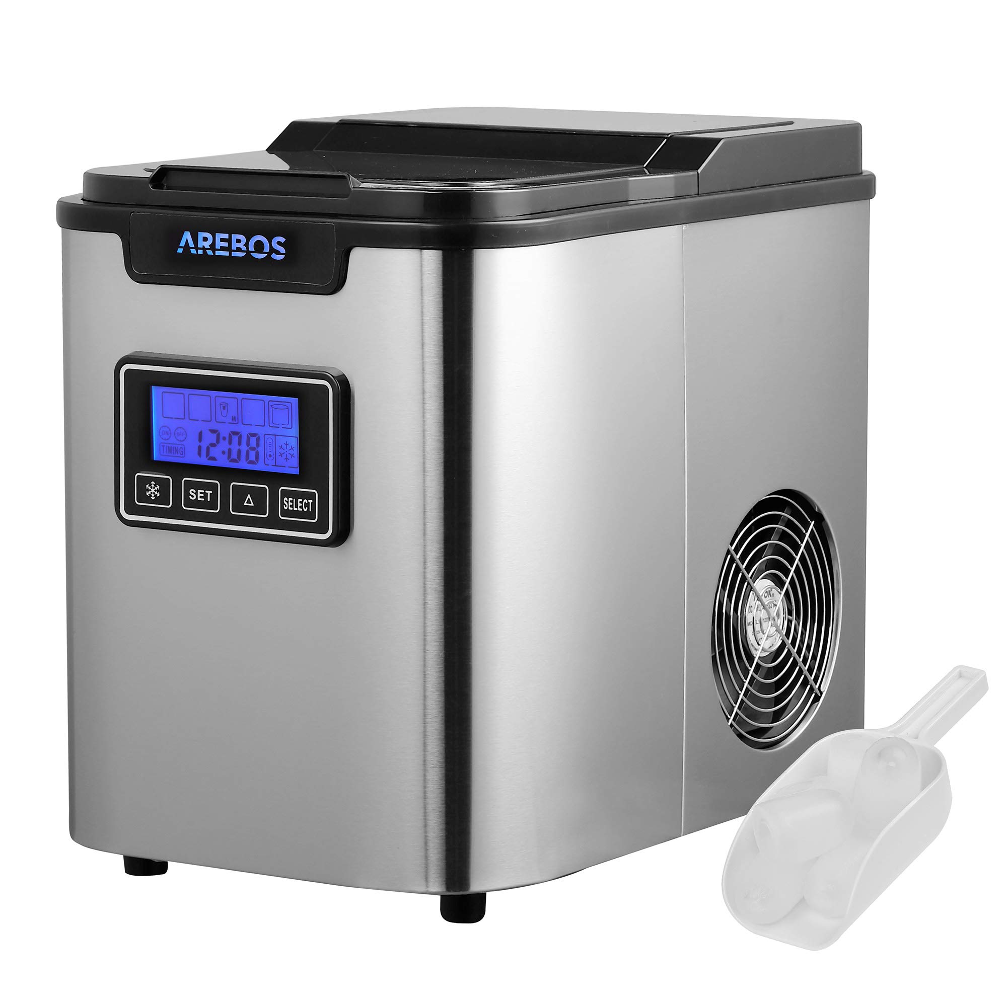 Arebos Ice Maker Machine | 26 lbs/24H Fast Ice Production in 10-15 Mins | 3 Ice Cube Sizes | 2.2L Water Tank with LCD Display & Timer | Countertop Ice Cube Maker for Home, Office, Party & RV Use