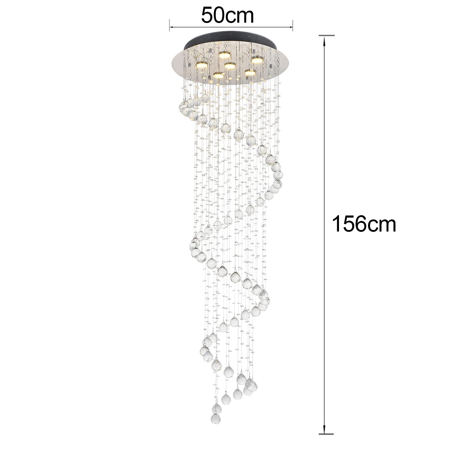 Elegant Spiral Crystal Chandelier - Clear K9 Crystal Raindrop LED Ceiling Light Fixture with Chrome Finish - Flush Mount Lighting for Living Room, Dining Room, Hallway - Perfect for Modern Home Decor & Luxury Interior Design (50cm Diameter)