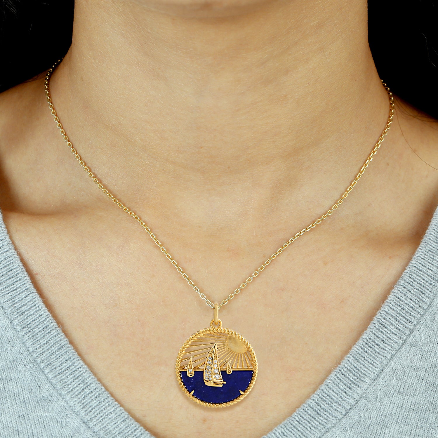 14K Yellow Gold Lapis Gemstone Pave Diamond Sun & Sailboat Pendant Necklace - Elegant Nautical Jewelry for Women, Perfect for Beach Vacations & Summer Outfits