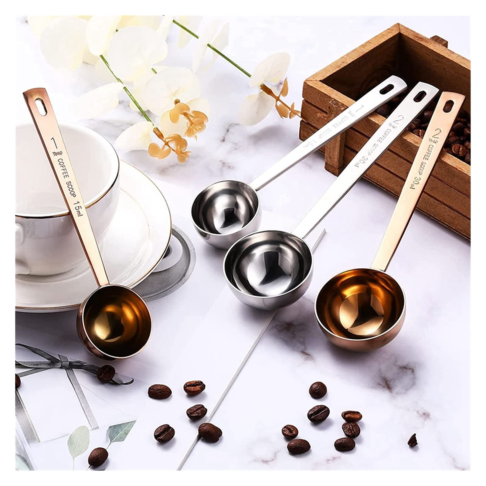 Stainless Steel Coffee Scoop Set of 4 - Measuring Spoons for Coffee, Tea, Flour & Sugar - Silver & Rose Gold Kitchen Accessories - Perfect for Home Barista, Baking & Coffee Shops