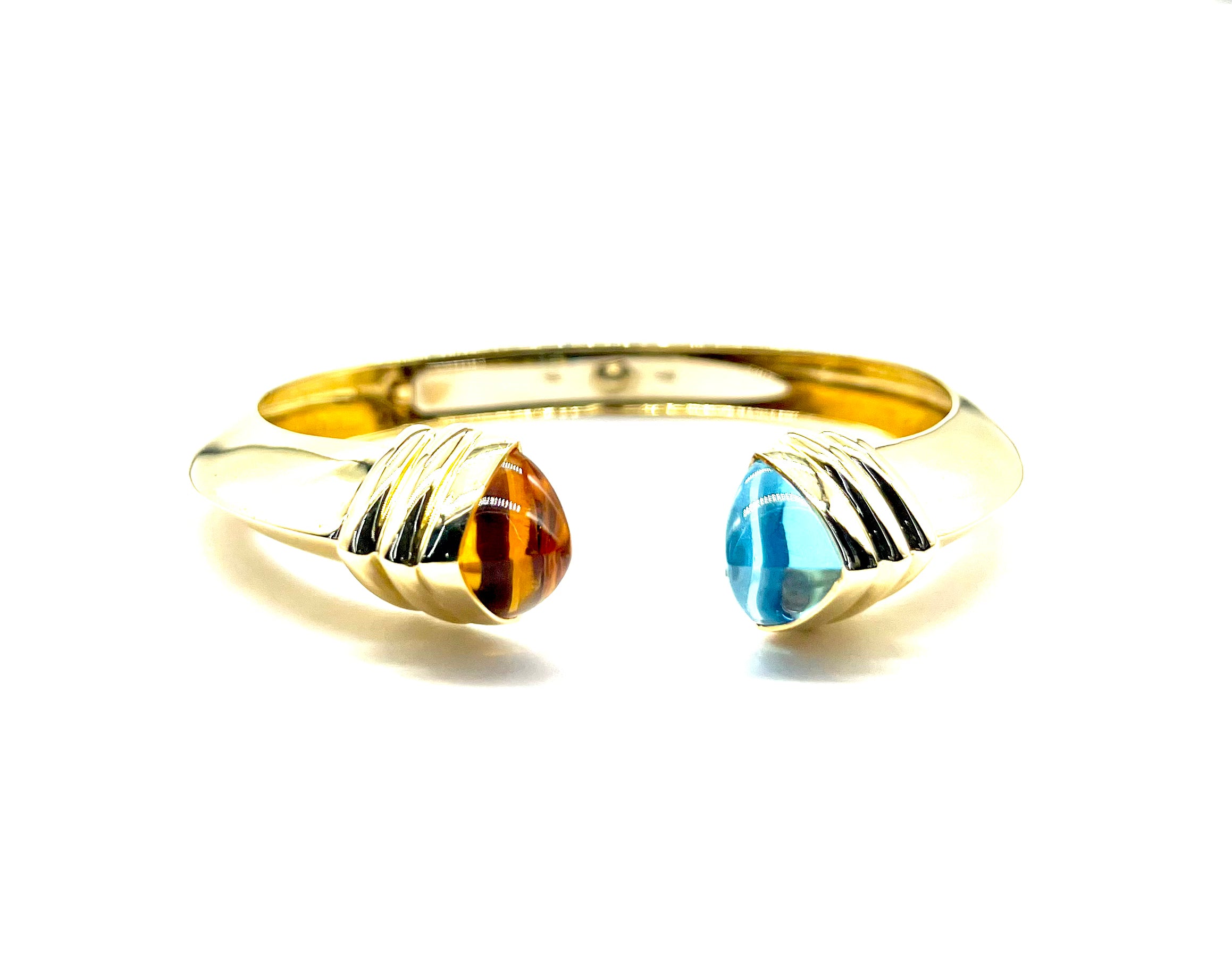 18K Gold Bangle Bracelet with Genuine Blue Topaz & Citrine Gemstones - Elegant Jewelry for Women, Perfect for Weddings, Parties & Gifts