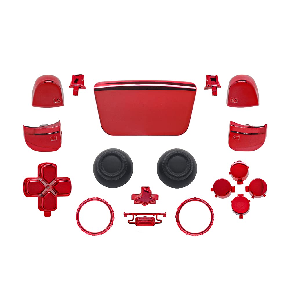 Chrome Red PS5 Controller Button Set - Replacement D-Pad, R1 L1 R2 L2 Triggers, Touch Pad, Share/Options Buttons, Thumbsticks & Shell with Accent Rings | Compatible with Playstation 5 | Gaming Accessories for Enhanced Gameplay & Customization