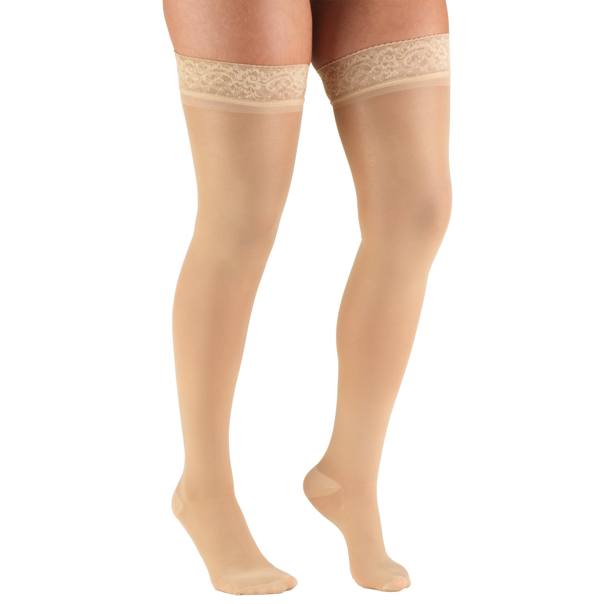 Truform Sheer Compression Stockings 30-40 mmHg - Women's Thigh High Support Stockings, 30 Denier Beige (Large) - Perfect for Varicose Veins Relief, Travel & Pregnancy Comfort