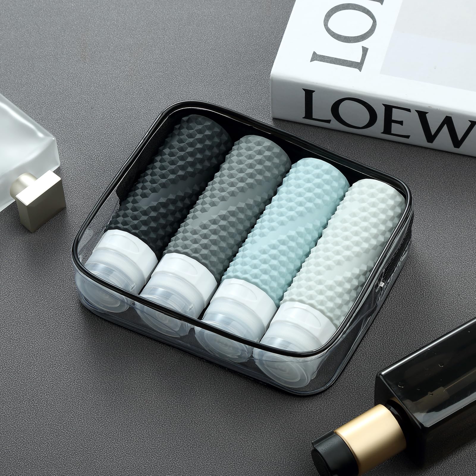 TSA Approved 3oz Travel Bottles for Toiletries - Leak Proof & BPA Free Refillable Containers (4 Pack) with Toiletry Bag - Perfect for Shampoo, Conditioner & Liquid Soap on Airplanes, Gym or Vacation Trips