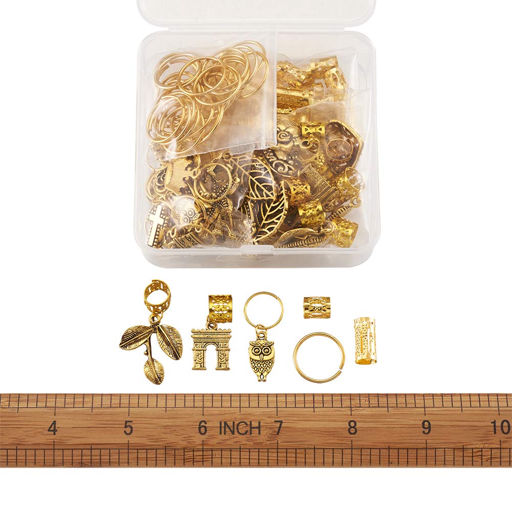 Craftdady 110Pcs Gold Metal Hair Jewelry Rings - Decorative Pendants, Coil Cuffs & Dreadlock Accessories with Leaf, Star, Butterfly, Heart, Key, Owl, Cross & Crown Charms - Perfect for Boho Hairstyles, Festivals & DIY Hair Styling