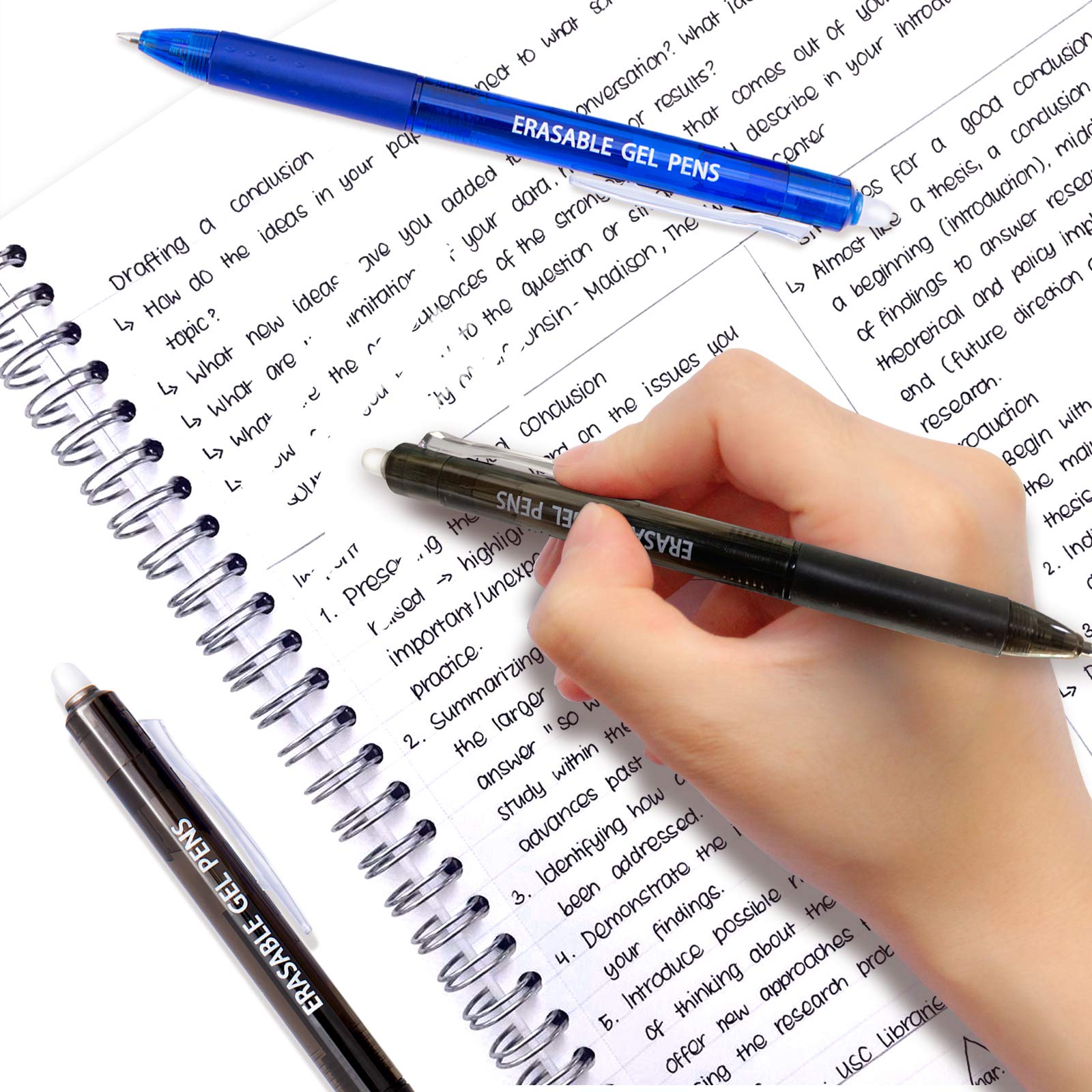 14 Colors Retractable Erasable Gel Pens - Fine Point Clicker Pens with 7 Black & 7 Blue Inks - Perfect for Planners, Journals, Crossword Puzzles & School Note Taking