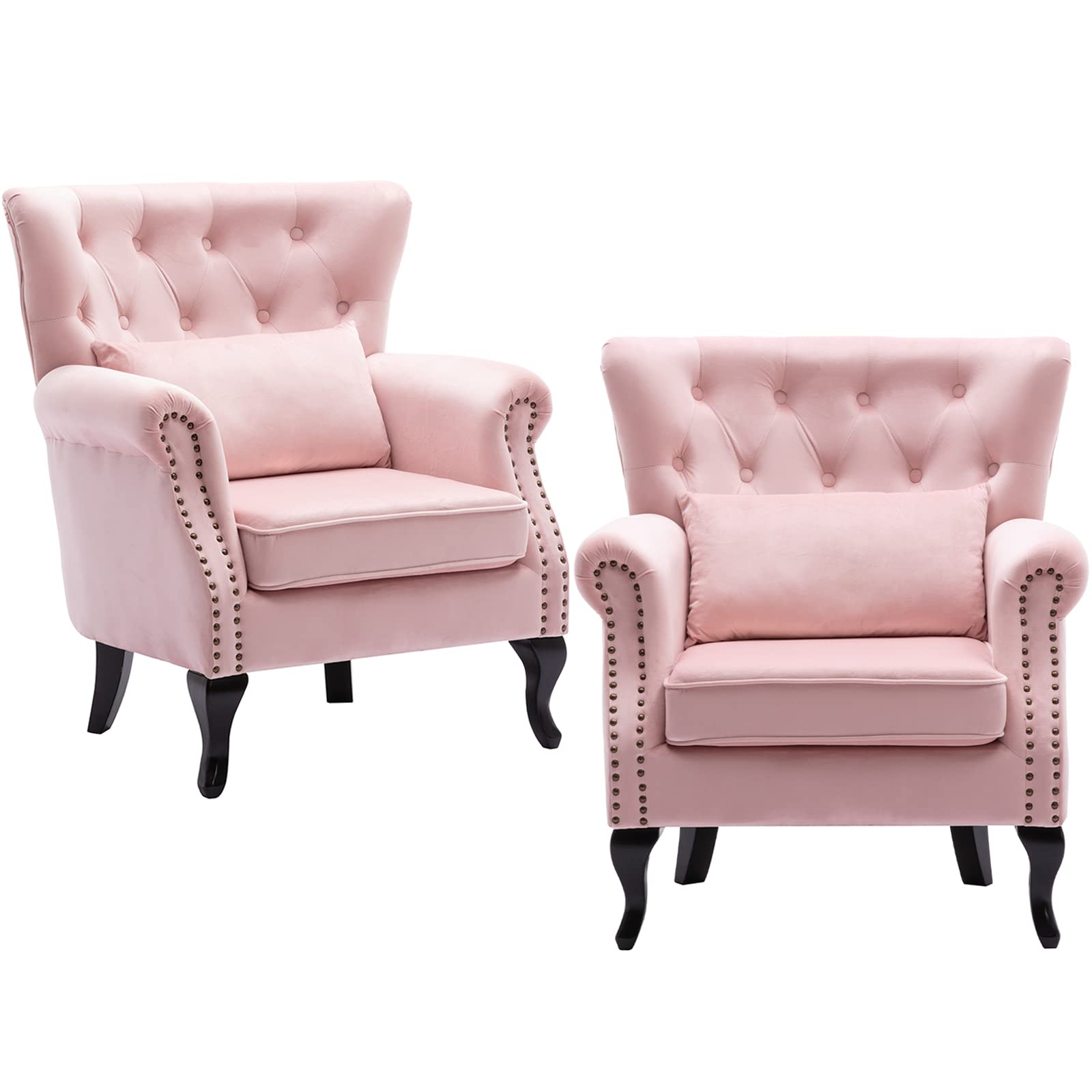 Mid-Century Modern Accent Chairs Set of 2 - Velvet Tufted Wingback Armchairs with Pillows for Living Room, Bedroom, Lounge (Pink) | Stylish & Comfortable Seating for Home Decor & Relaxation
