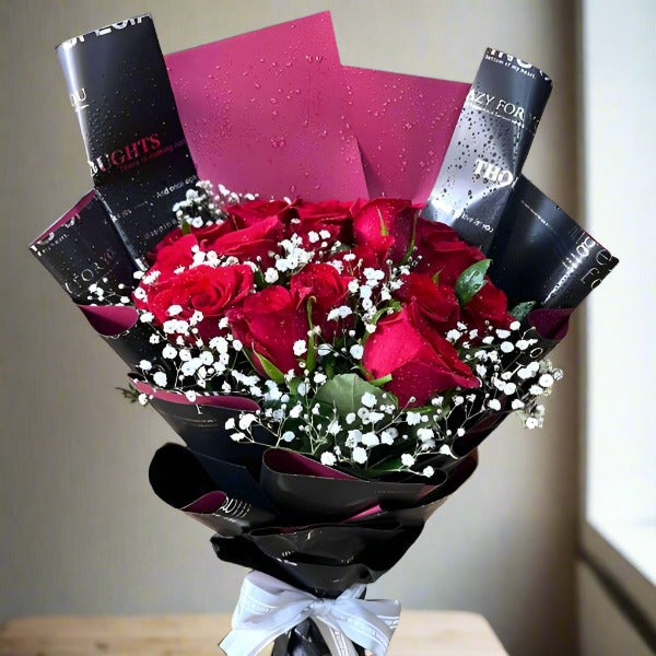 12 Red Roses Bouquet with Black Wrap - Fresh Long Stem Roses for Valentine's Day, Anniversary, Wedding, or Romantic Gift