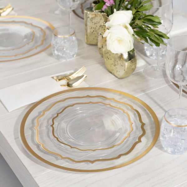 32-Piece Clear & Gold Rim Plastic Dinnerware Set for 16 Guests - Elegant Modern Dinnerware for Parties, Weddings & Outdoor Dining - Shatterproof & Dishwasher Safe