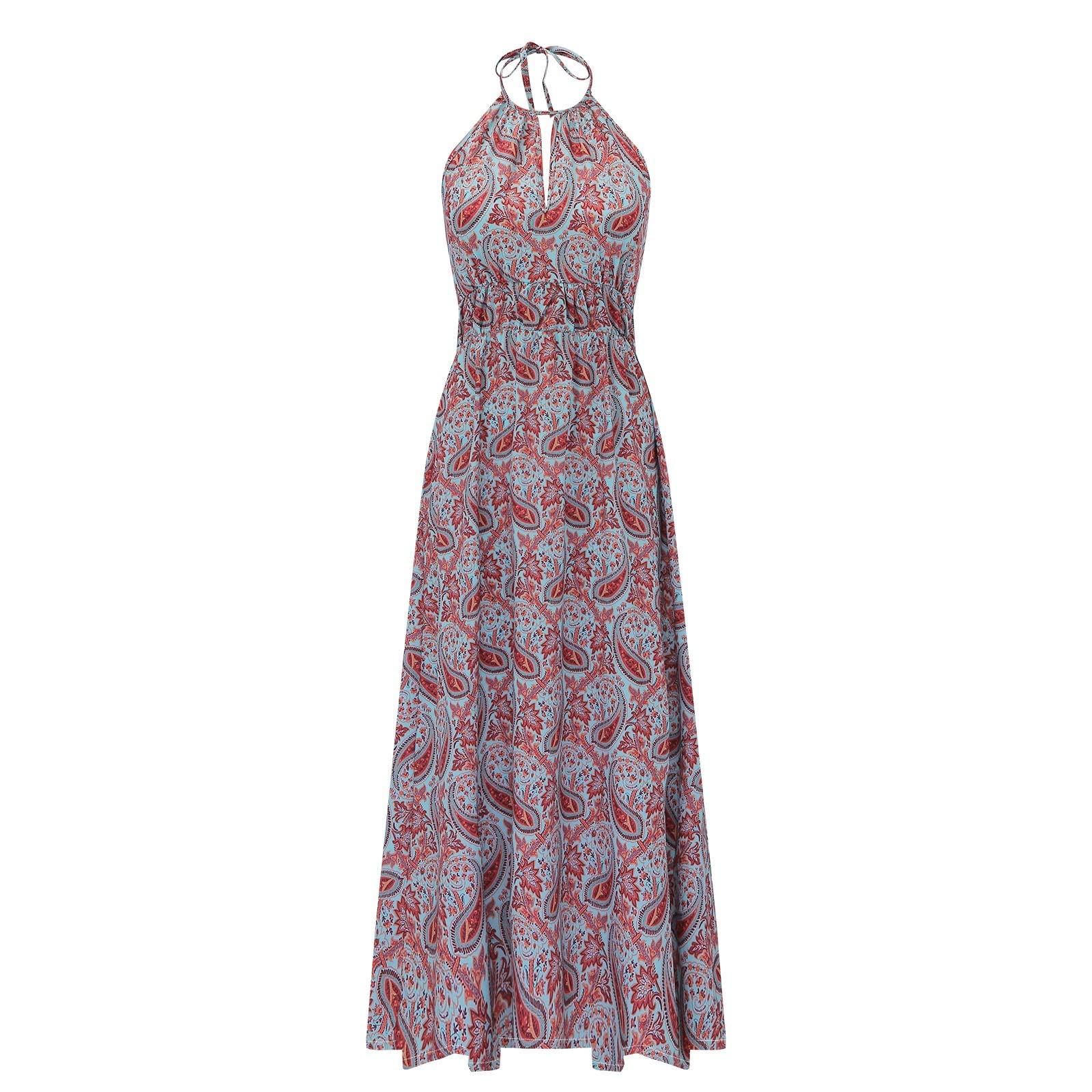 Maqroz Women's Vintage Floral Print Sleeveless Halter Neck Maxi Dress - High Waist Long Summer Dress for Casual Outings, Beach Vacations & Date Nights
