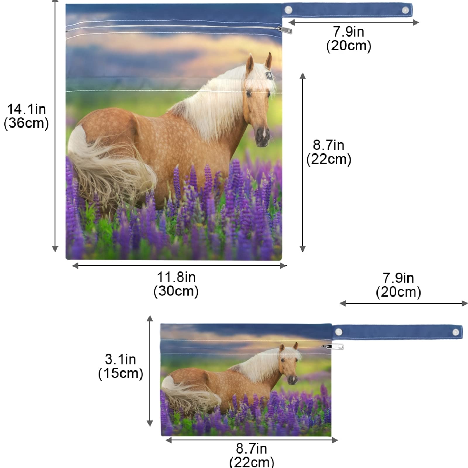 Visesunny Palomino Horse Lavender Sunset 2-Pack Waterproof Wet Bags with Zipper Pockets | Reusable & Washable Travel Organizer for Beach, Pool, Gym, Daycare | Perfect for Swimsuits, Diapers, Toiletries & Dirty Clothes | Compact Storage for Strollers & On-the-Go Lifestyle