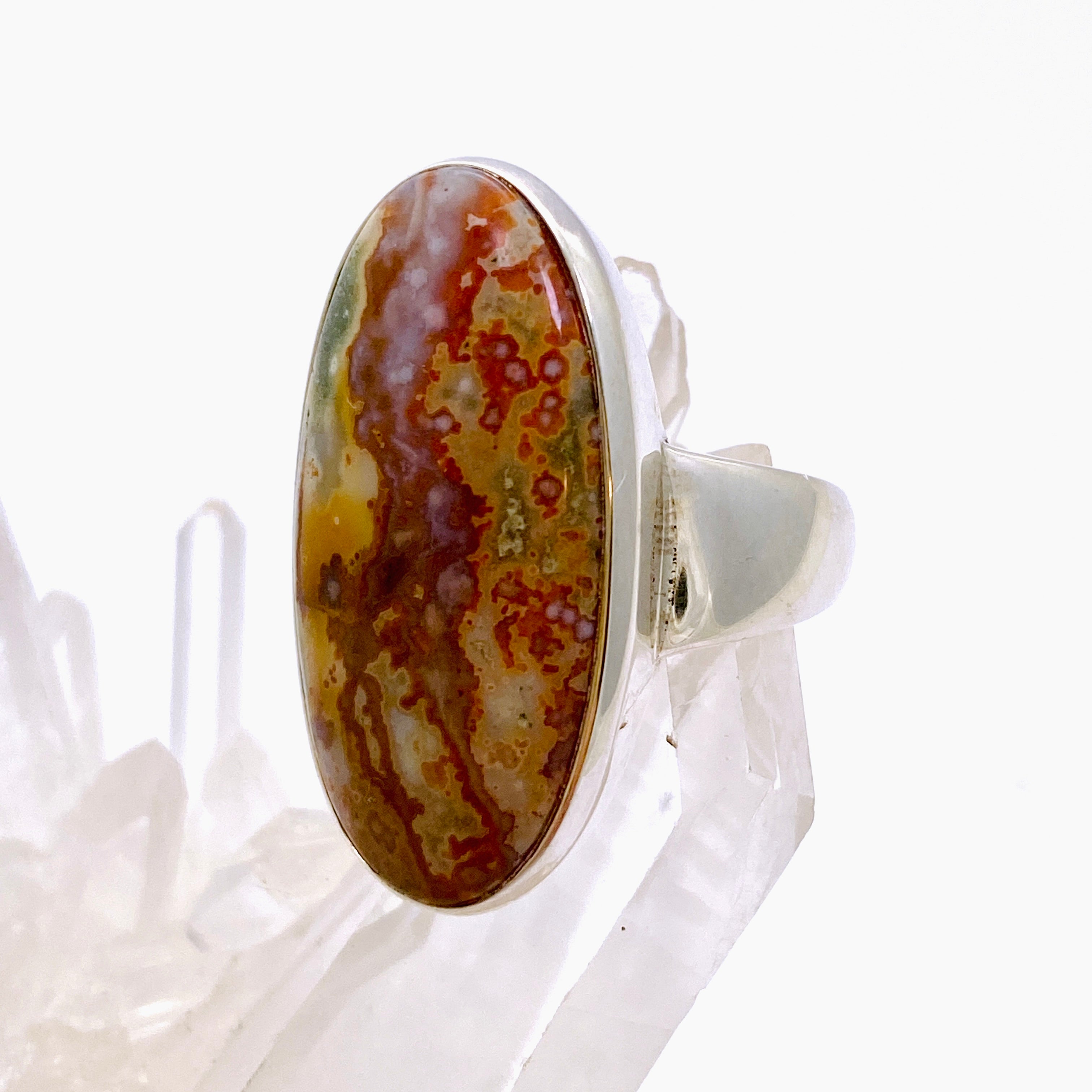 Ocean Jasper Oval Cabochon Ring - Size 9 - Natural Stone Jewelry - Handmade Silver Ring - Unique Gemstone Ring for Women - Perfect for Boho Style, Meditation & Spiritual Healing