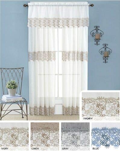 4-Piece Macrame Lace Embroidered Curtain Set with Valances - Premium Linen Window Drapes for Living Room, Bedroom & Boho Home Decor