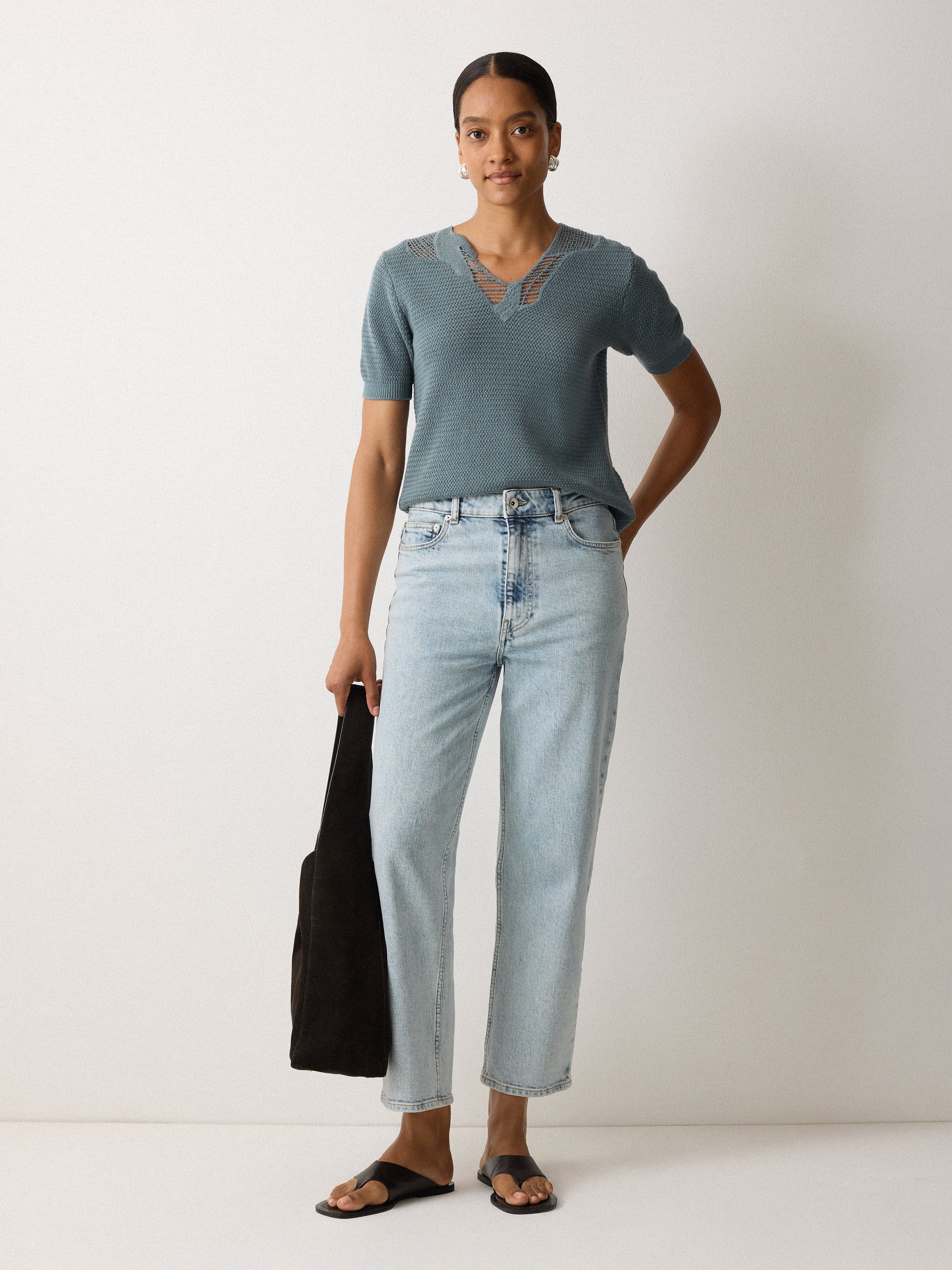 Abstract Lace Knitted Top Women's Fashion - Blue Boho Chic Blouse for Casual Wear & Date Night Outfits