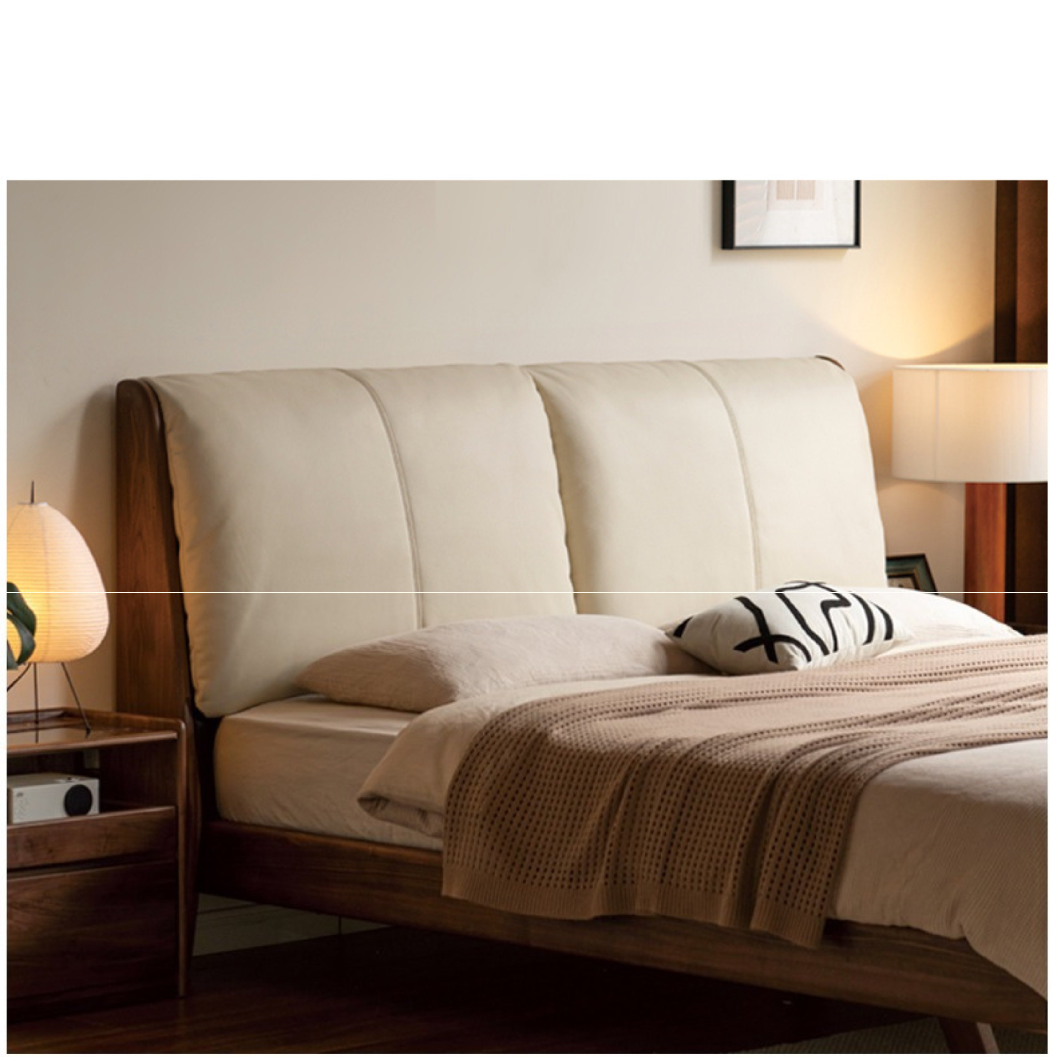 Luxury Black Walnut Solid Wood Bed with Genuine Italian Leather Headboard - Soft Upholstered Bed Frame for Master Bedroom, Guest Room & Modern Home Decor