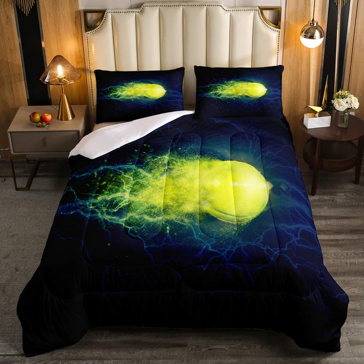 Lightning Marble Sports Themed Tennis Down Comforter Set - Full Size Navy Blue Tie Dye Quilt with 1 Comforter & 2 Pillowcases for Kids Boys | Perfect for Bedroom Decor, Themed Sleepovers, and Sports Enthusiasts
