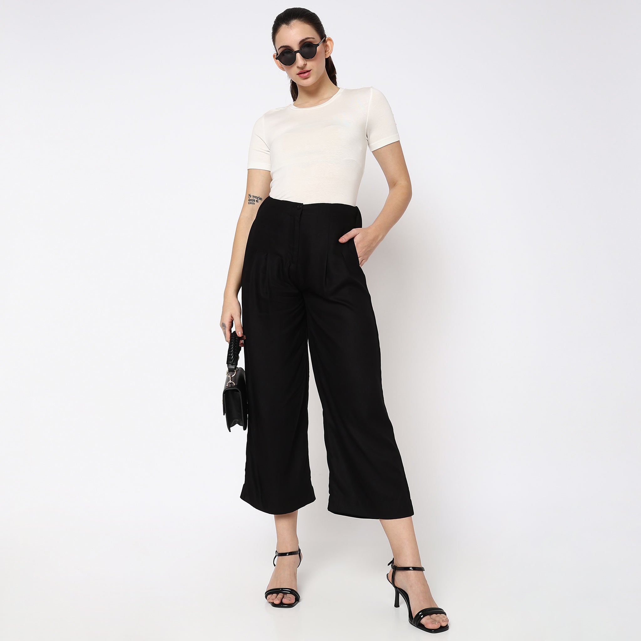 Flare Fit Solid Palazzos - Women's High Waisted Wide Leg Pants for Casual & Office Wear | Comfortable Stretchy Fabric for Everyday Style