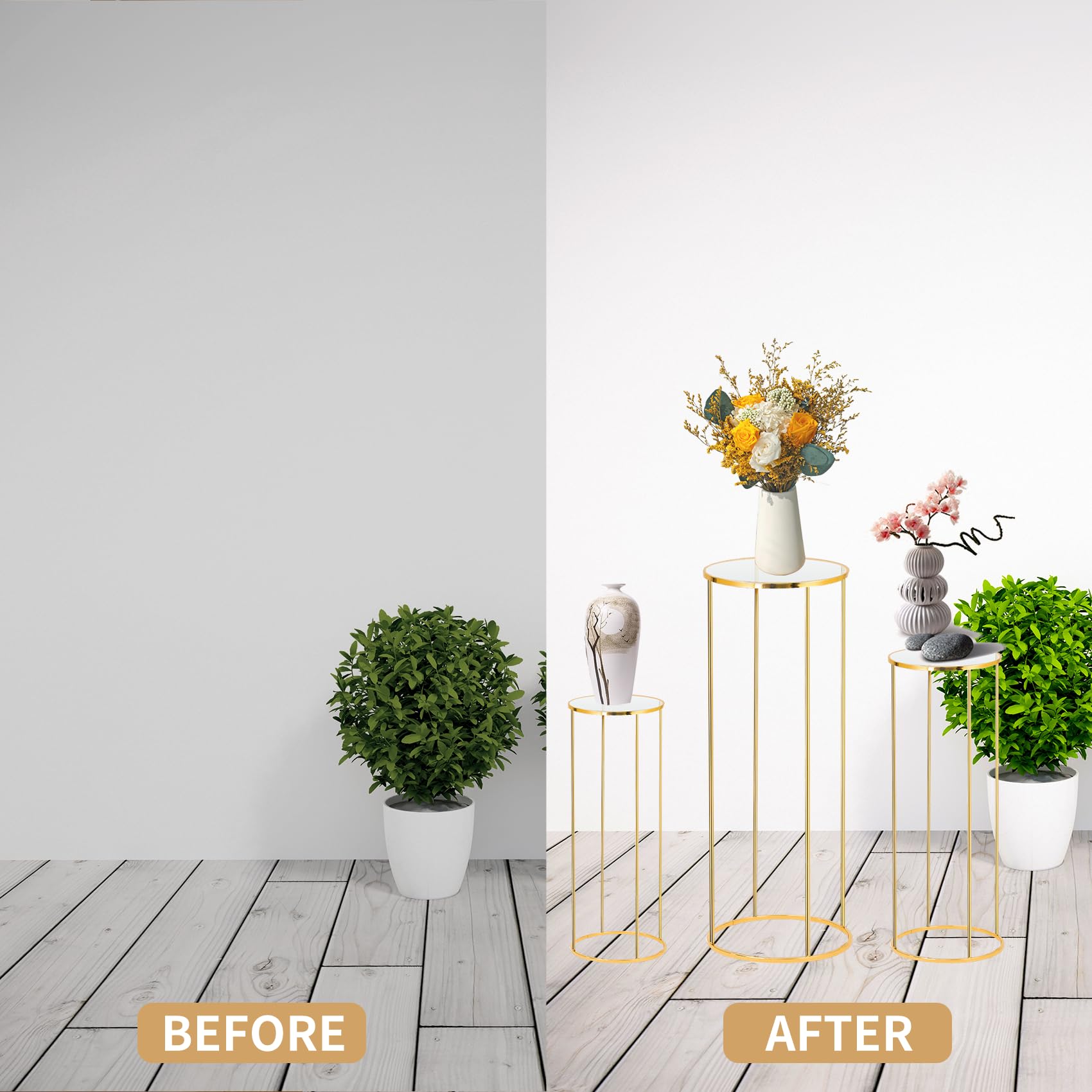 3pcs Gold Metal Plant Stands - Cylinder Pedestal Stands for Party Decor, Wedding Centerpieces & Home Display - Round Metal Columns for Cake Stands, Floor Plants & Event Decorations (Perfect for Weddings, Parties & Home Styling)
