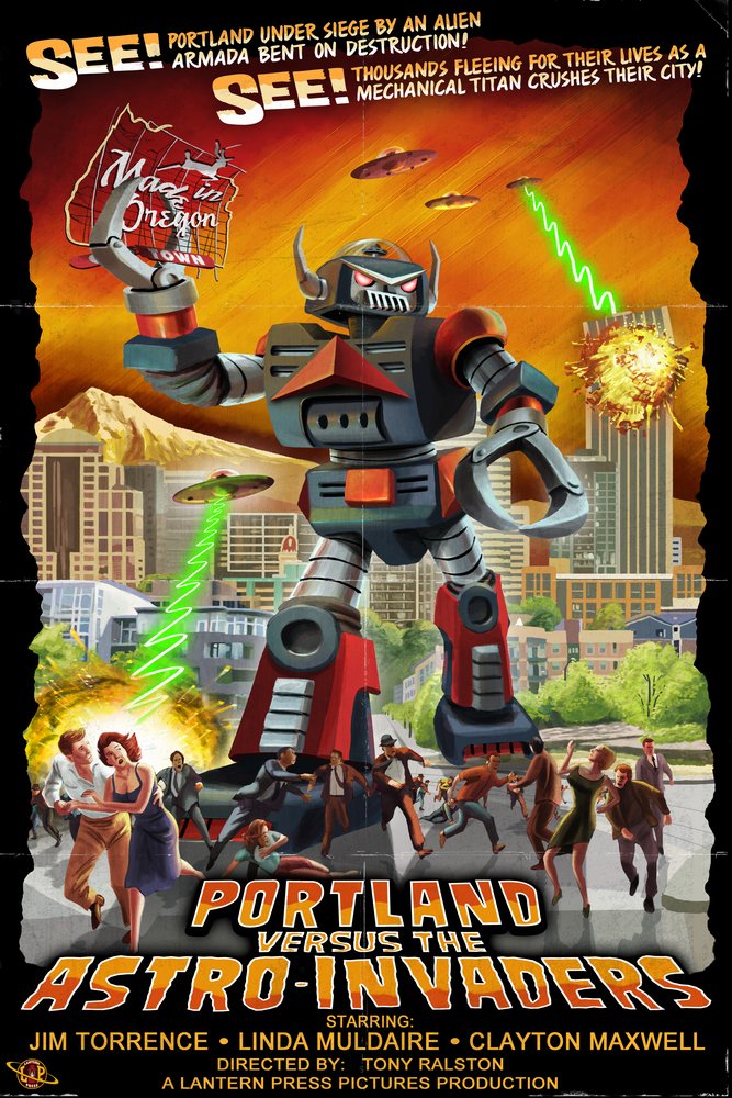 Vintage 24x36 Signed Art Print - Portland Oregon vs The Astro-Invaders 41980 | Retro Sci-Fi Wall Decor Poster for Home, Office & Game Room
