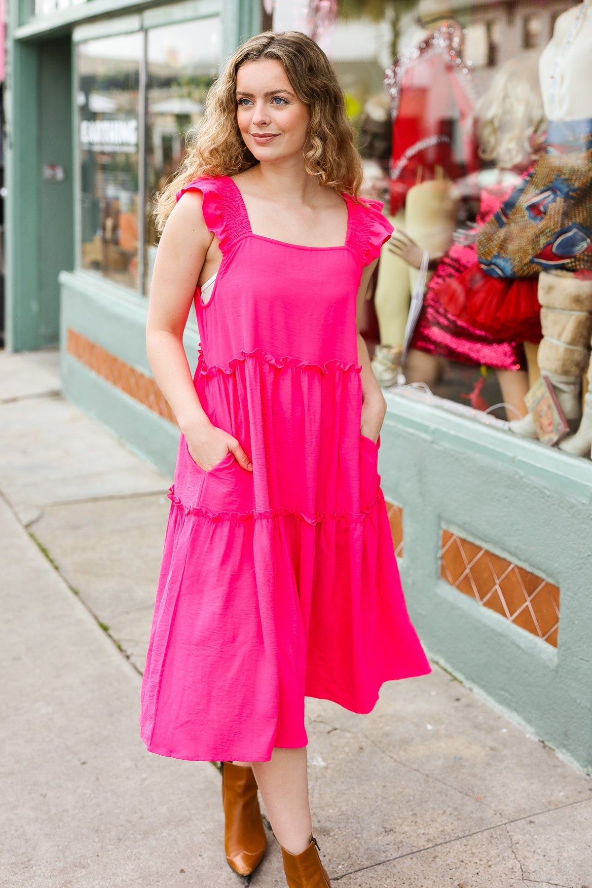 Fuchsia Smocked Flutter Sleeve Tiered Midi Dress for Women - Elegant Summer Casual & Wedding Guest Outfit