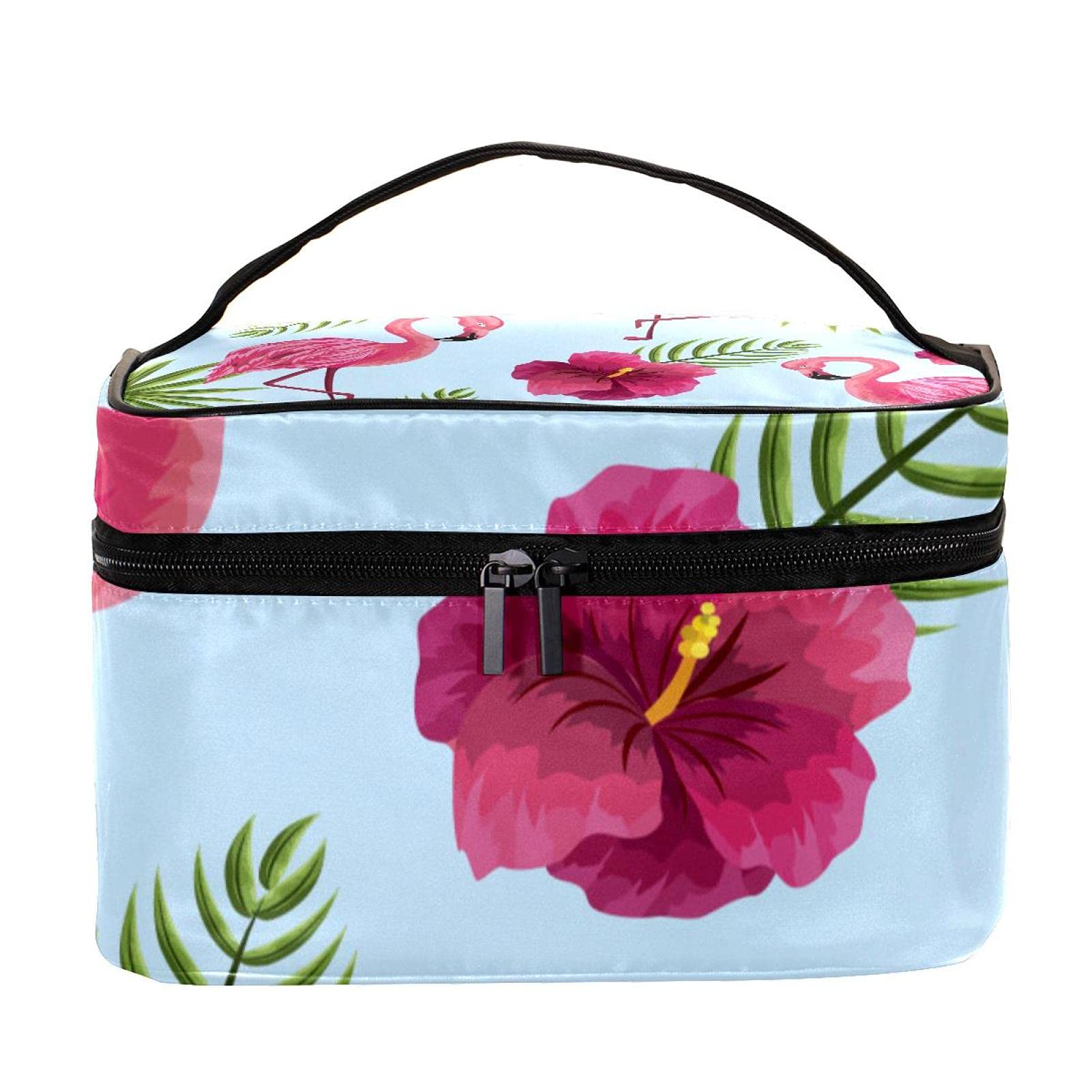 **Pink Flamingo Print Large Travel Makeup Bag with Green Leaves - Waterproof Cosmetic Organizer Case for Women & Girls - Perfect for Vacations, Gym, and Daily Essentials Storage**