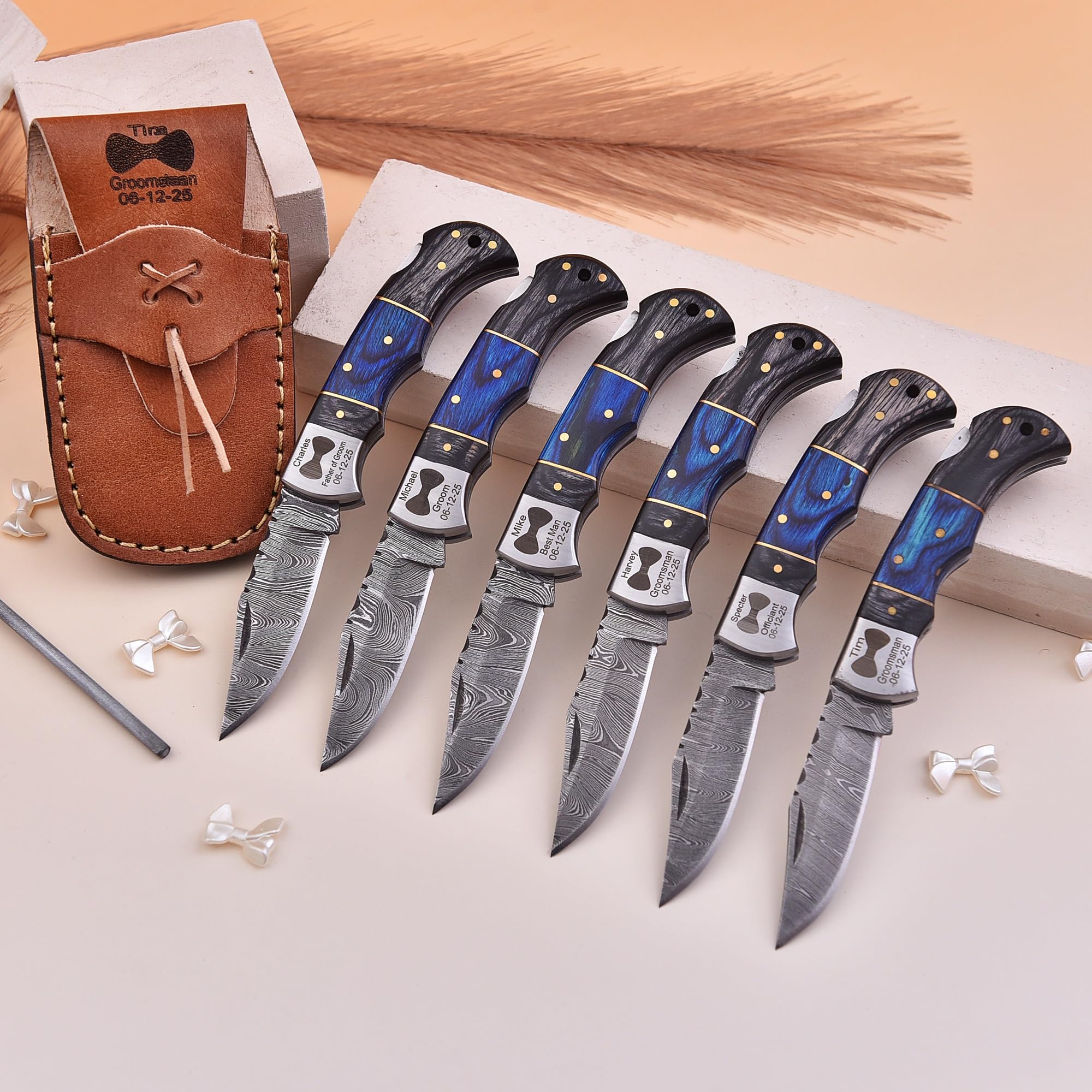 6-Piece Personalized Damascus Steel Pocket Knife Set with Leather Sheaths - Custom Engraved Groomsmen Gifts for Weddings, Proposals & Special Occasions - Perfect for Outdoor Adventures, Camping & Everyday Carry