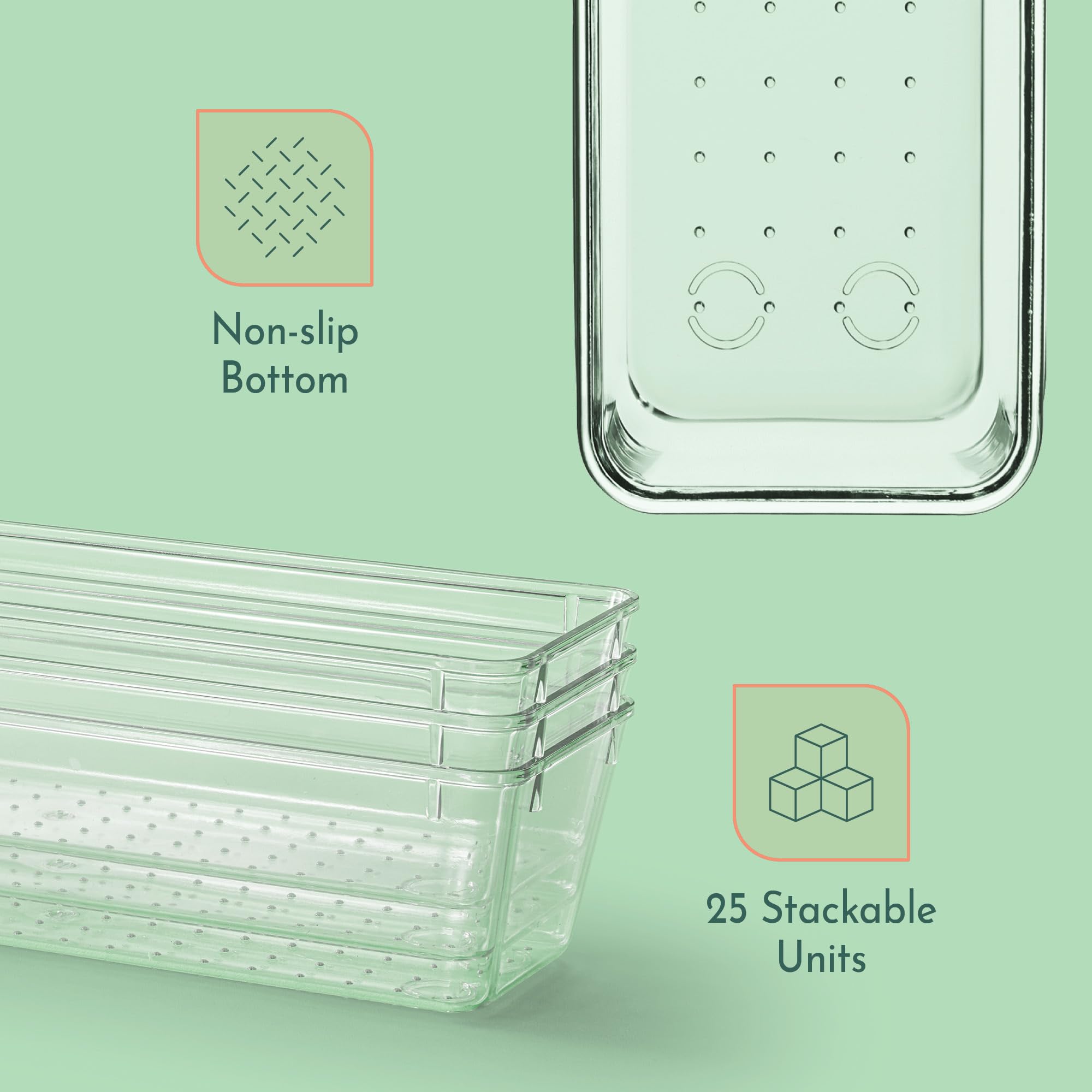 25-Piece Clear Plastic Drawer Organizer Set - 4 Sizes for Makeup, Jewelry, Kitchen & Office Storage - Non-Slip Bathroom Vanity Trays - Perfect for Bedroom, Bathroom & Kitchen Organization