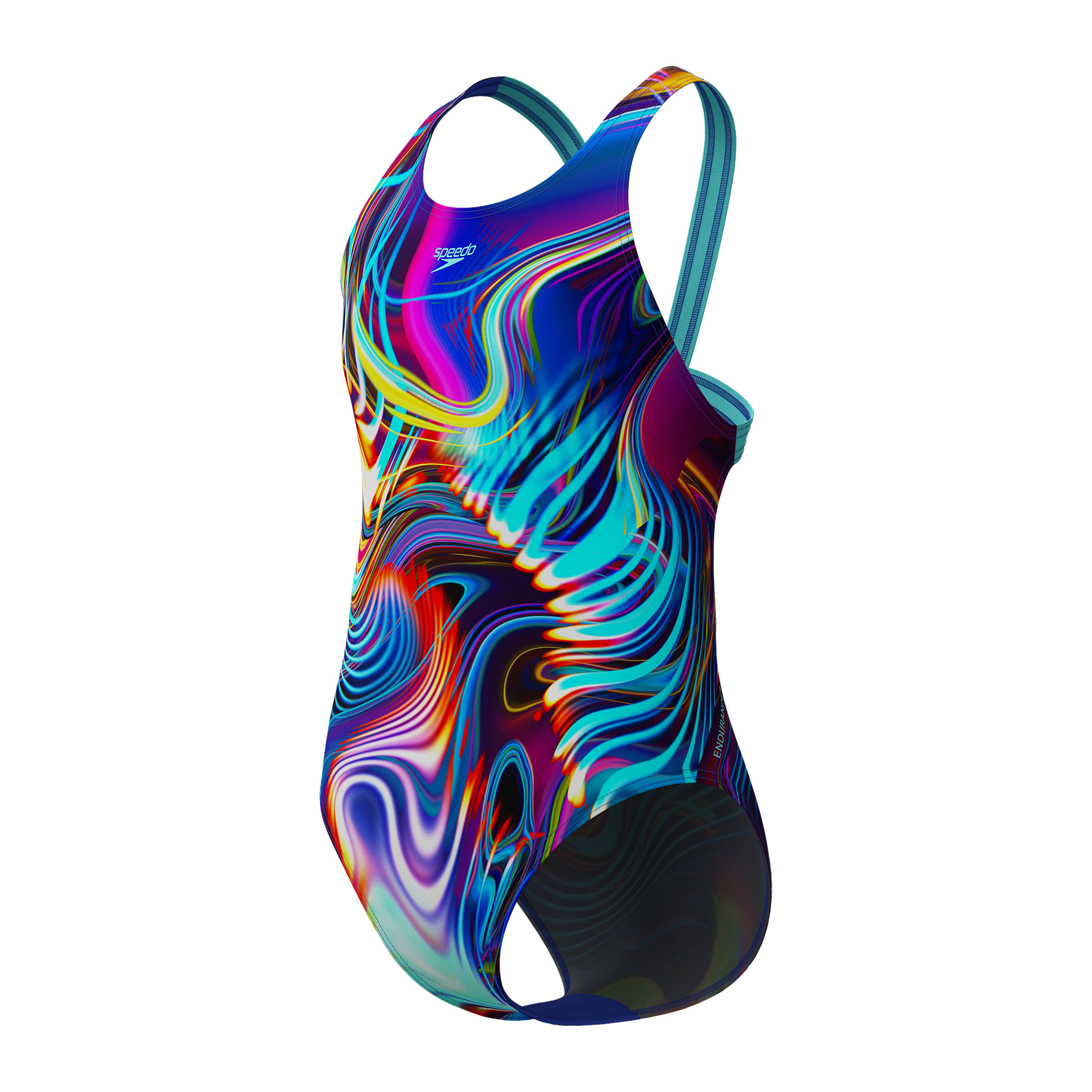 Speedo Girls' Digital Printed Powerback One-Piece Swimsuit - Blue & Purple Ombre - Chlorine Resistant Swimwear for Kids Swimming Lessons & Beach Vacations