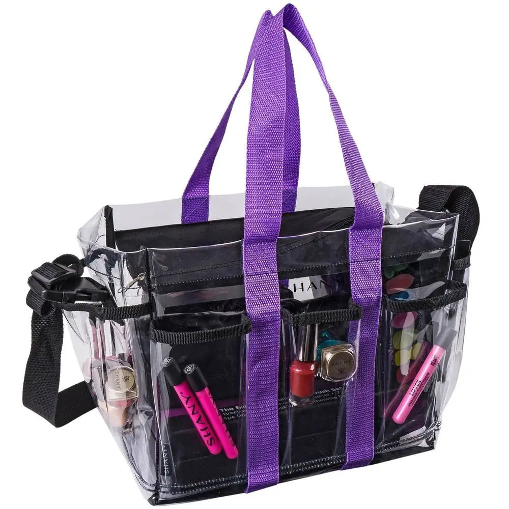 SHANY Clear Travel Caddy with Multiple Pockets & Purple Handle - Perfect for Airplane, Car, and Home Organization | TSA Compliant Carry-On Accessory