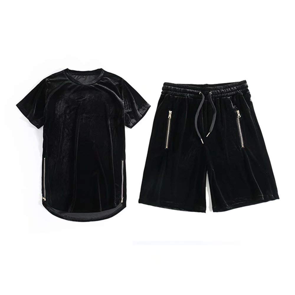HANGJIA Men's Velvet Tracksuit Set with Side Zipper - Oversize Velour T-Shirt & Jogger Shorts for Summer | Casual Streetwear Fashion | Gym, Lounge & Vacation Outfits