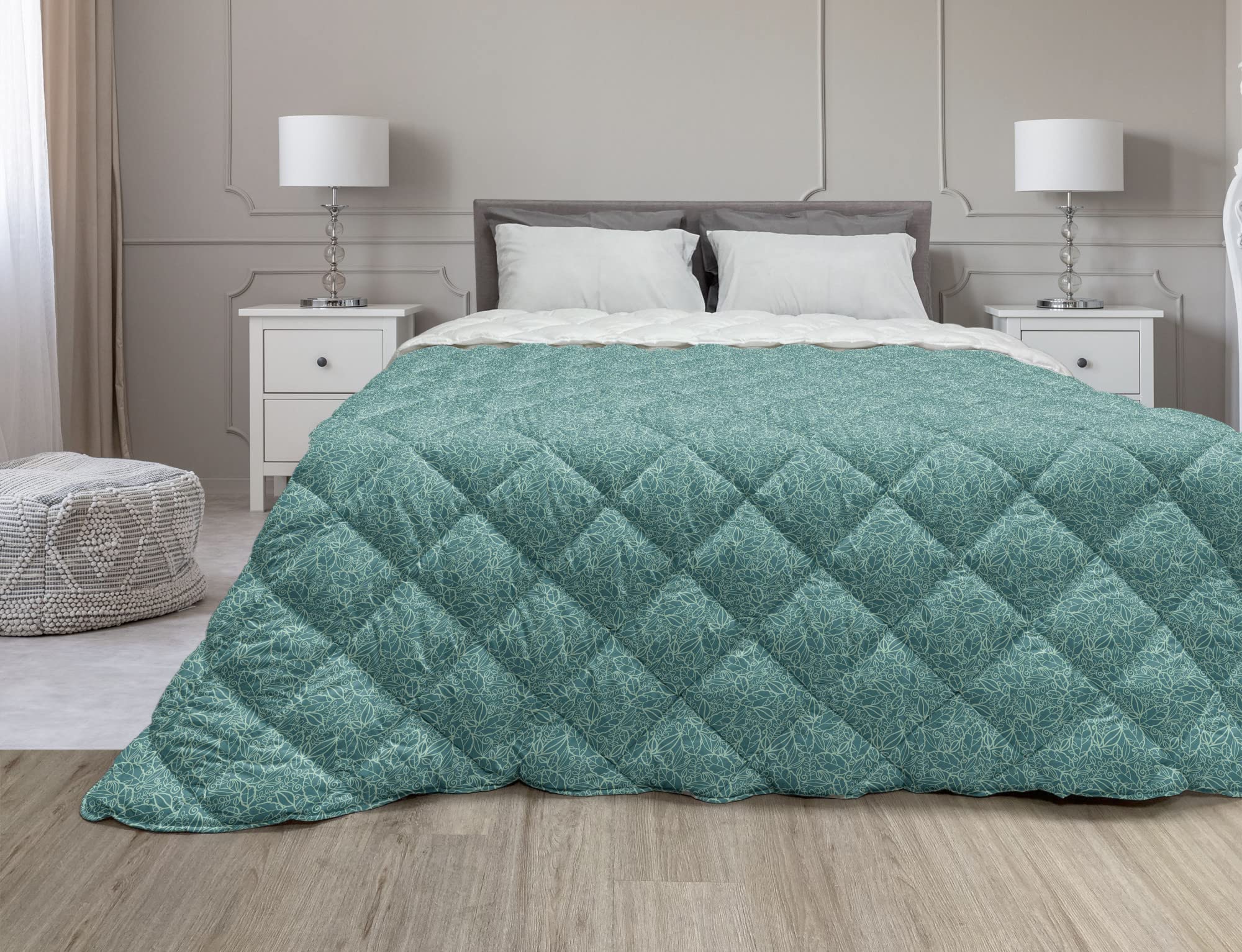 Ambesonne Botany Down Alternative Comforter - Twin Size, Pale Petrol Blue & Seafoam Green Microfiber All-Season Quilt with Intricate Leaf Motif | Perfect for Bedroom, Guest Room & Dorm Decor