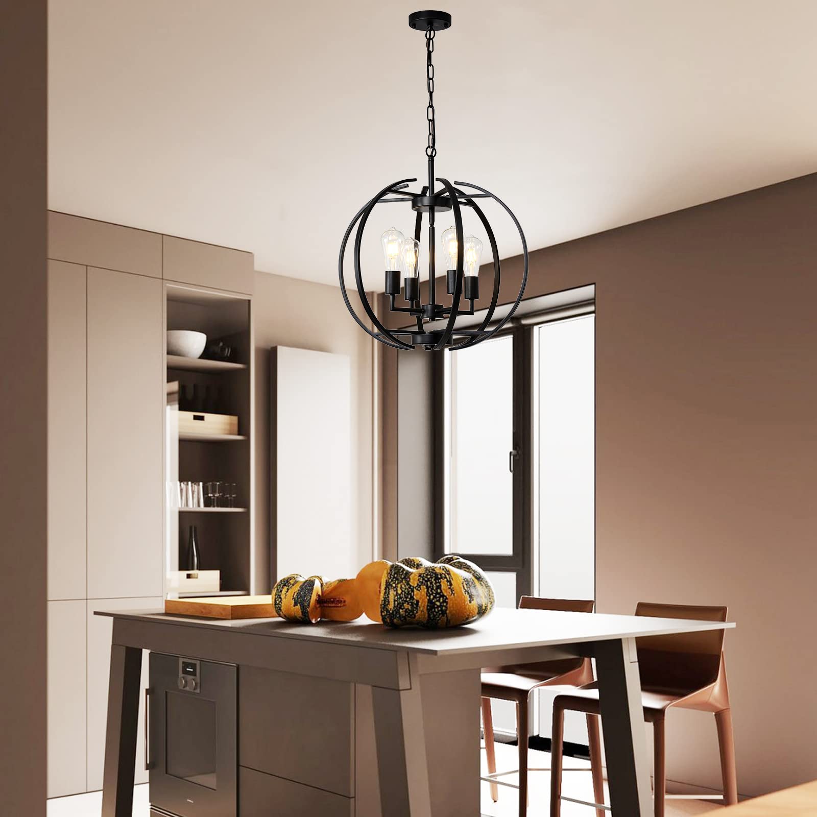 Large Black Farmhouse Chandelier - Adjustable 4-Light Pendant Lighting Fixture for Kitchen, Dining Room, Living Room & Hallway | Rustic Globe Lantern Ceiling Light for Home Decor & Cozy Ambiance