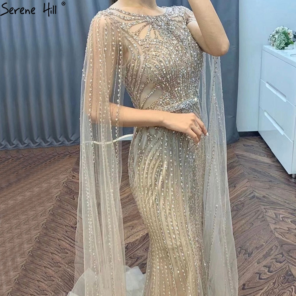 Elegant Brown Mermaid Evening Dress with Cape Sleeves & Beaded Details - Luxury Women's Gowns for Prom, Wedding & Formal Parties (Serene Hill LA70638)