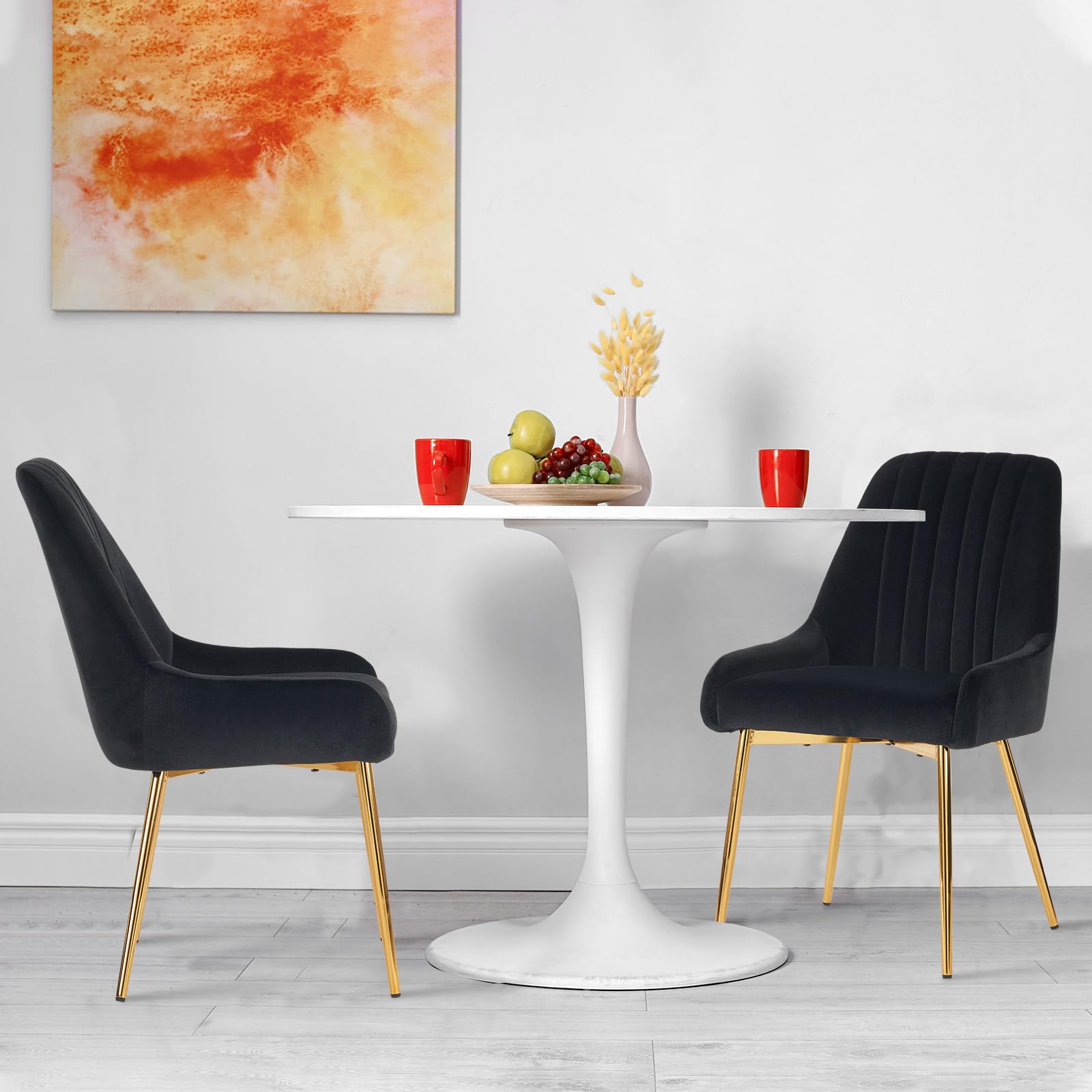 ANOUR Velvet Dining Chairs Set of 2 - Modern Upholstered Kitchen Chairs with Gold Metal Legs, Armless Accent Chairs for Dining Room, Living Room & Vanity - Soft Black Velvet Seating for Home Decor
