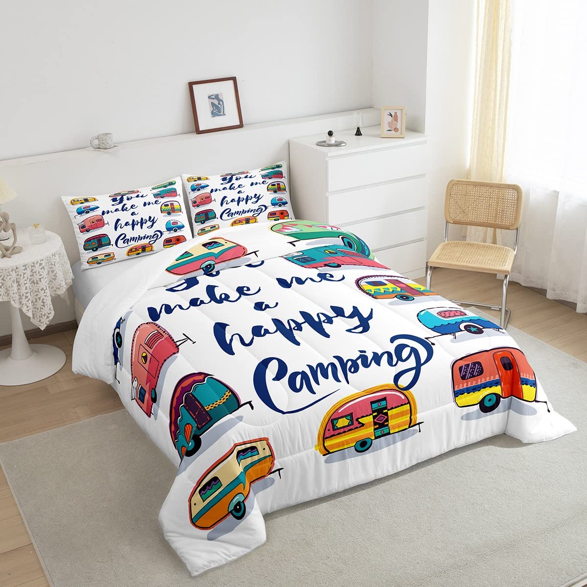 Happy Camping Twin Comforter Set - Retro Travel Themed Quilted Bedding for Kids, RV, Trailers & Caravans | Cozy Down Alternative Comforter with 2 Pillowcases | Perfect for Camping Trips & Road Adventures
