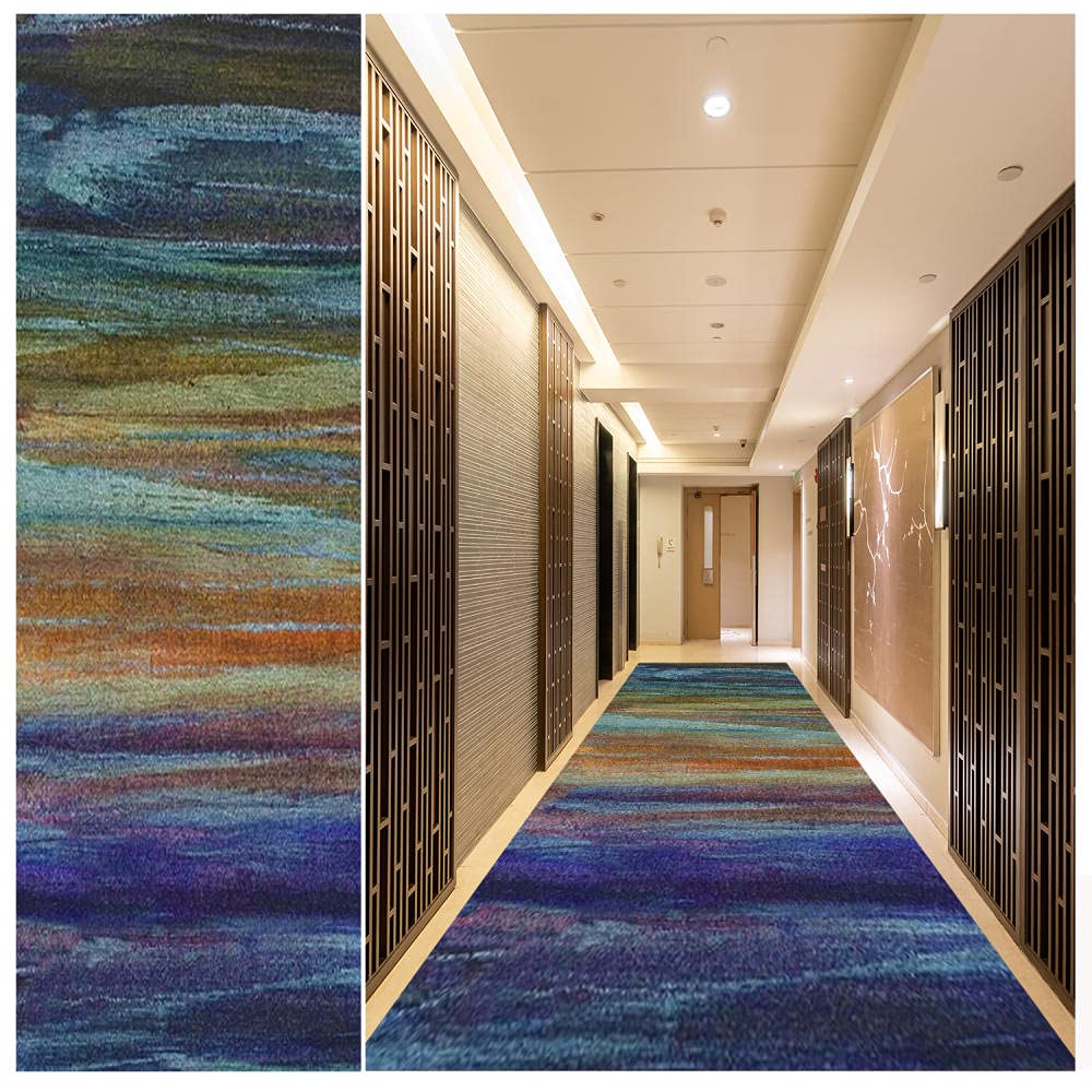 Non-Slip Washable Abstract Runner Rug 2'x9' - Stain Resistant Hallway Carpet with Rubber Backing for Kitchen, Living Room, Bedroom & Entryway | Purple & Earth Yellow Modern Design for Home Decor
