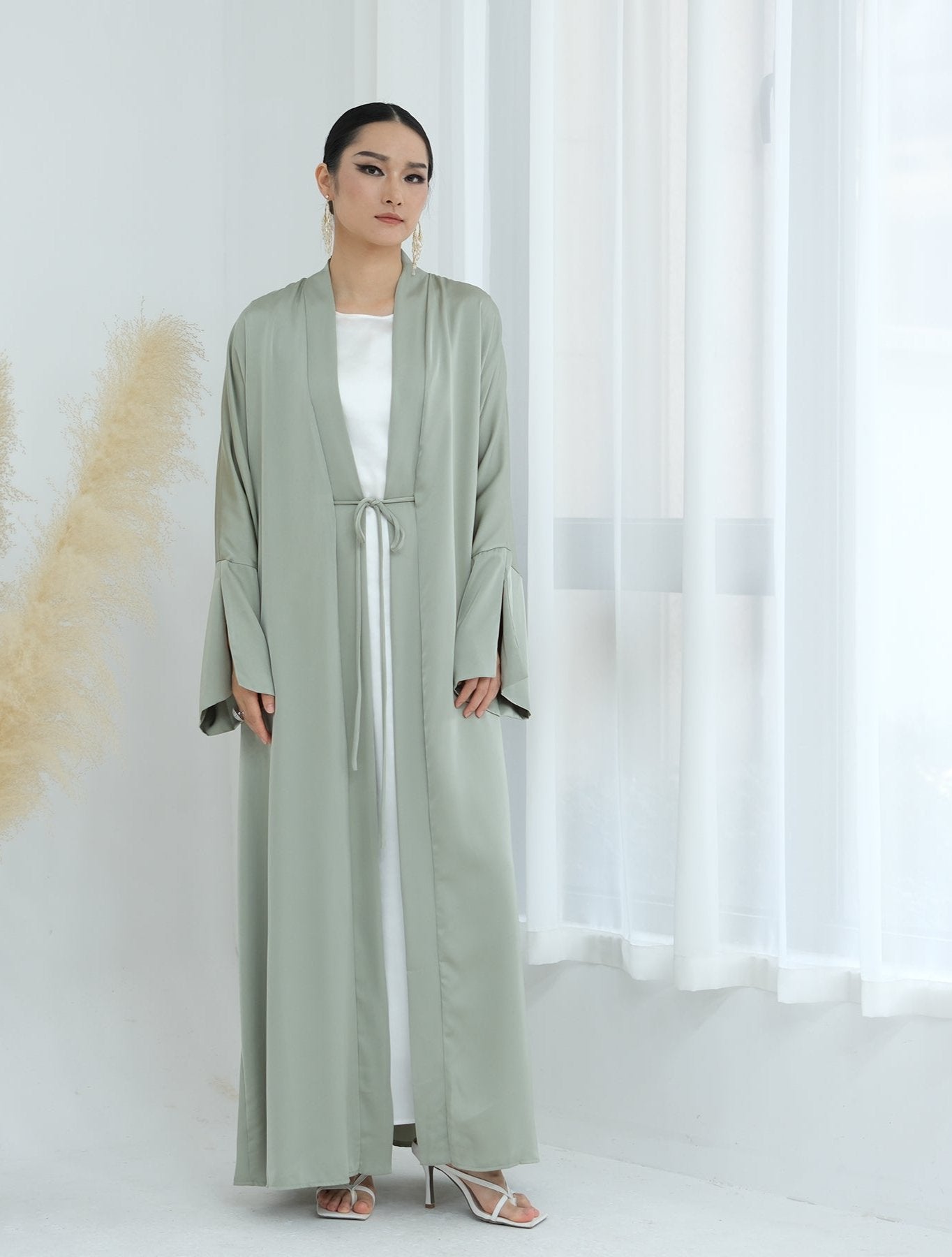 Lavinia Satin Open Abaya for Women - Elegant Long Flowy Prayer Dress - Sage Green Islamic Modest Wear for Mosque, Eid & Special Occasions