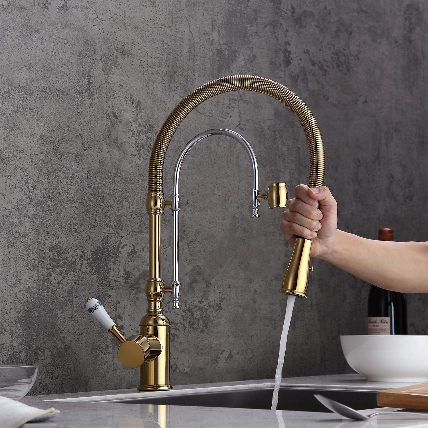 KunMai Single Handle High Arc Pull-Down Kitchen Faucet with Dual Spray Modes - Swivel Spout, Lead-Free Solid Brass Construction, cUPC Certified in Gold & Chrome Finish - Perfect for Modern Kitchens, Dishwashing, and Food Prep Stations
