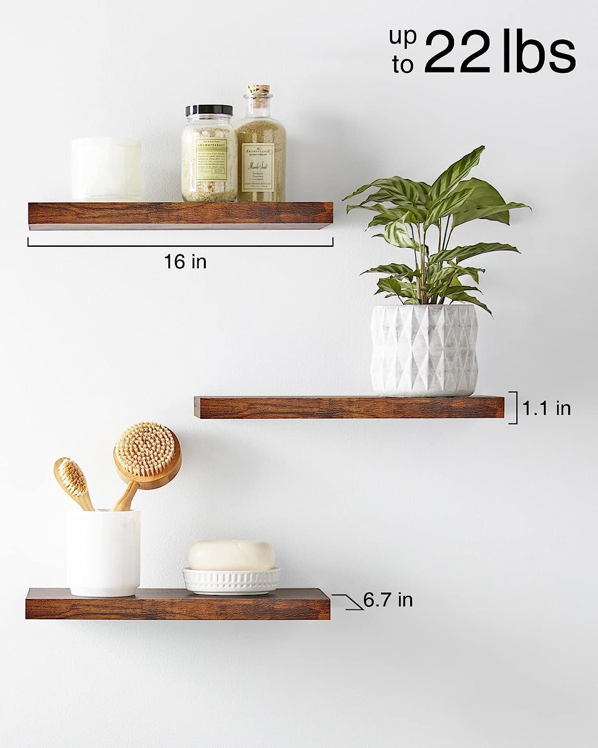 Rustic Floating Wood Shelves Set of 3 - 16 Inch Wall Mounted Shelves for Bathroom, Bedroom, Living Room & Kitchen - Small Hanging Shelf with 22lbs Capacity for Books, Storage & Room Decor - Perfect for Home Organization & Stylish Display