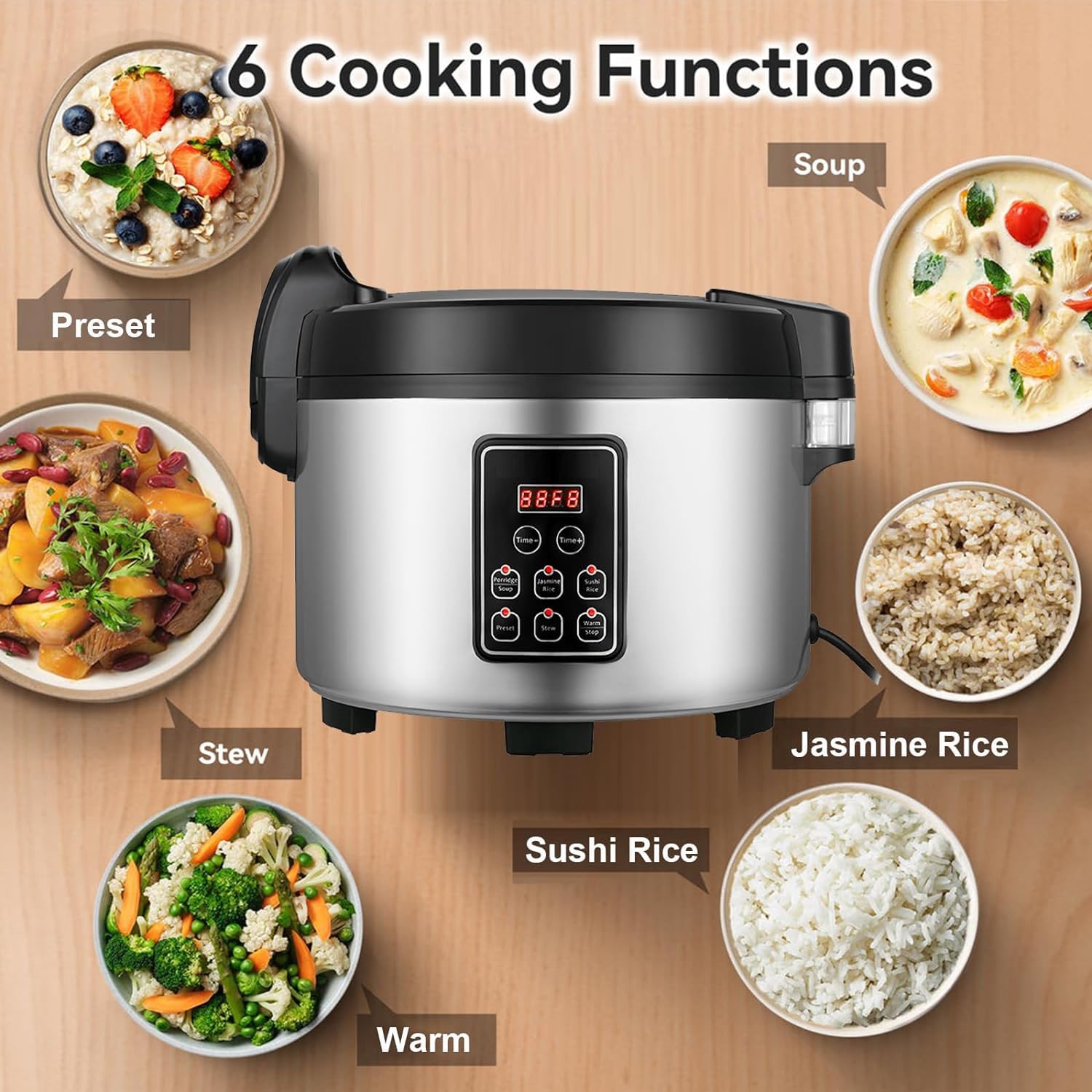 Commercial 60-Cup (Cooked) Rice Cooker & Food Warmer - 13L/13.8Qt Extra Large Capacity, 1350W Fast Cooking with Digital Timer & Preset Functions - Perfect for Restaurants, Catering, Cafeterias & Large Family Gatherings
