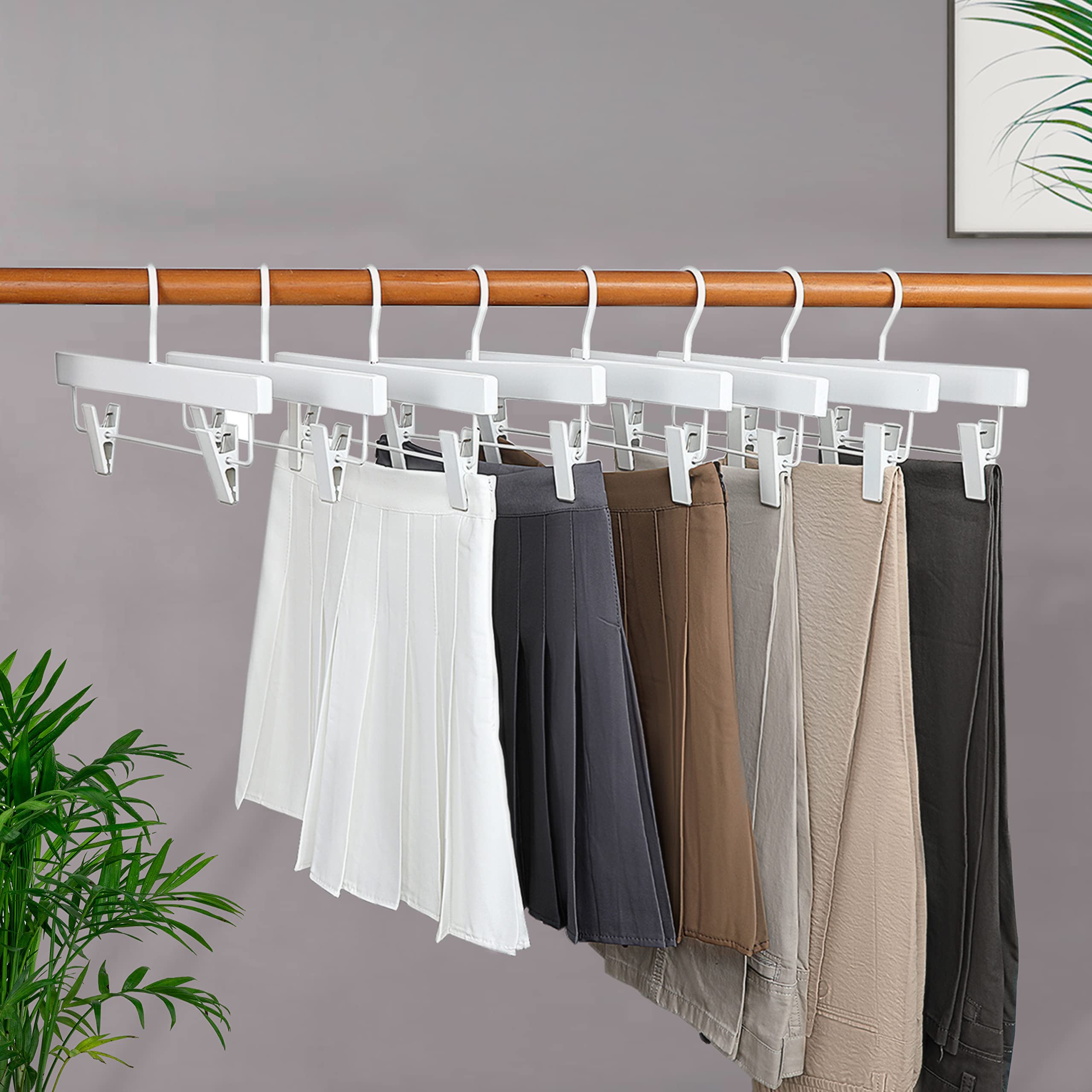 Premium Wooden Pants Hangers with Clips - 20 Pack All White Smooth Finish Skirt & Jeans Hangers, 360° Swivel Anti-Rust Flat Hook for Slacks, Trousers & Dresses - Perfect for Closet Organization & Retail Display