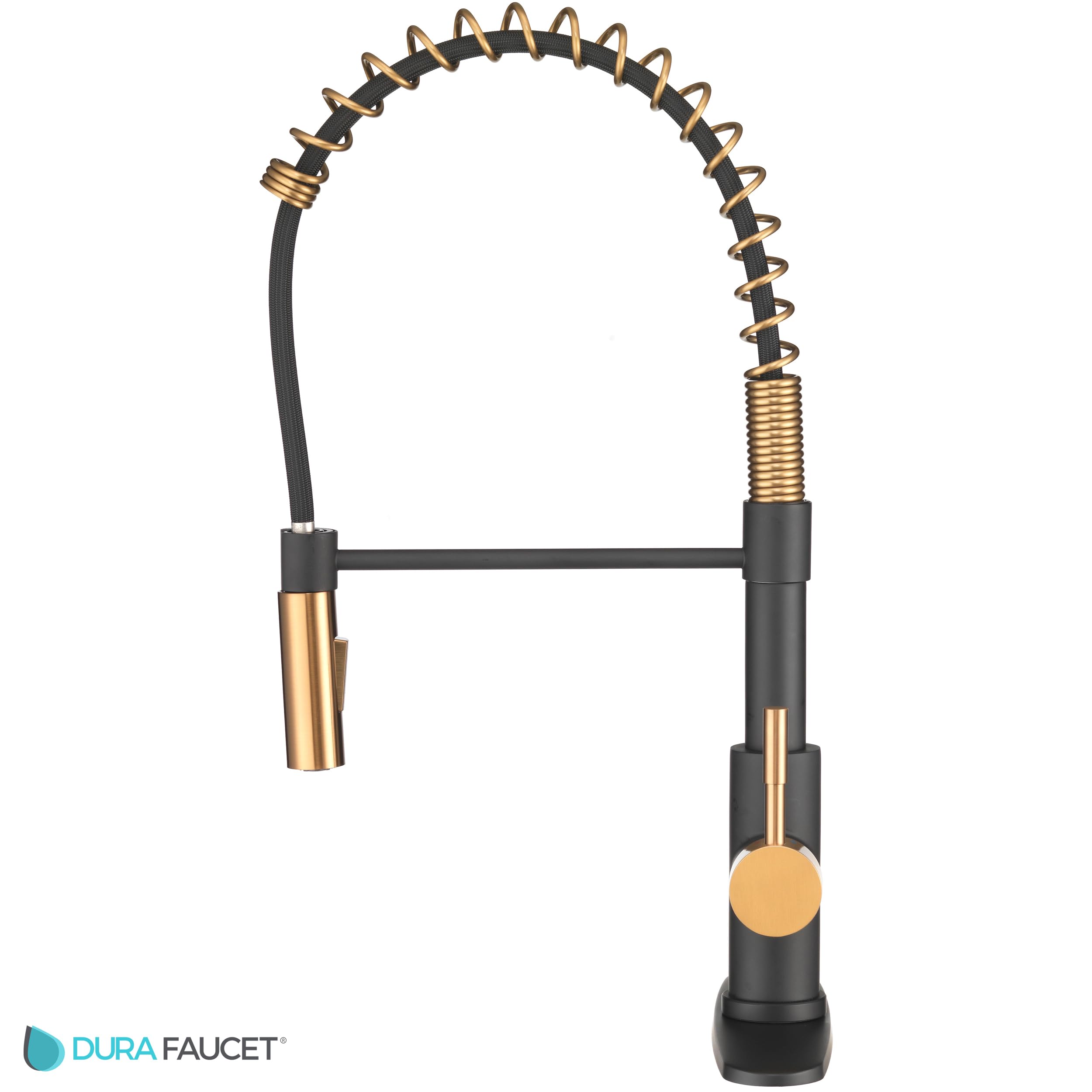 Dura Faucet DF-MK504SLK-MBRG RV Swivel High-Arc Spring Kitchen Sink Faucet - Single Handle Pull-Down Sprayer Faucet with Optional Deck Plate in Matte Black & Rose Gold - Perfect for RV, Tiny Homes, and Modern Kitchen Upgrades